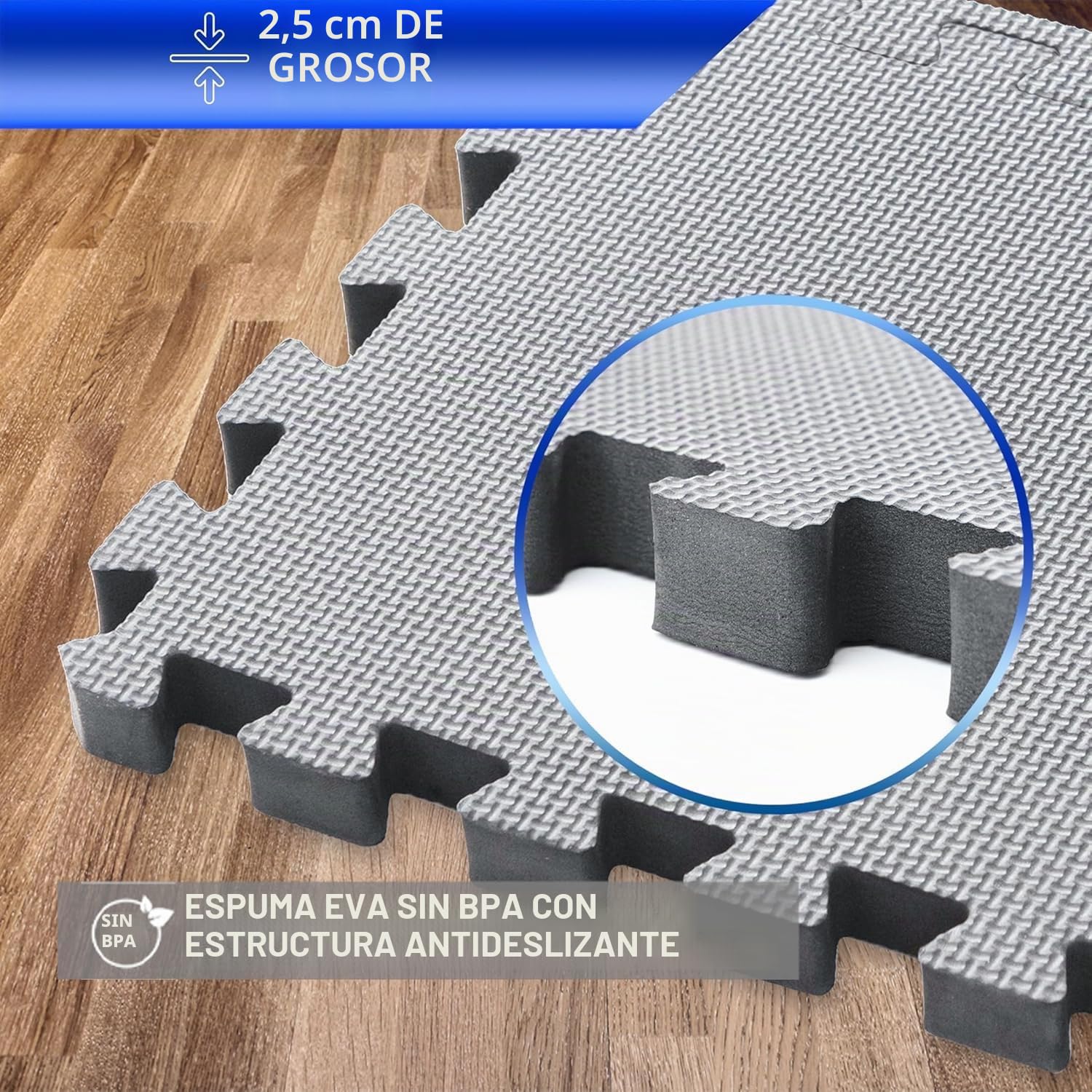 Esterilla Puzzle Gimnasio EVA 2,5cm | 6 Piezas 32x32cm Gris | Superficie 0,61m² | Alfombra Protectora Fitness Antideslizante