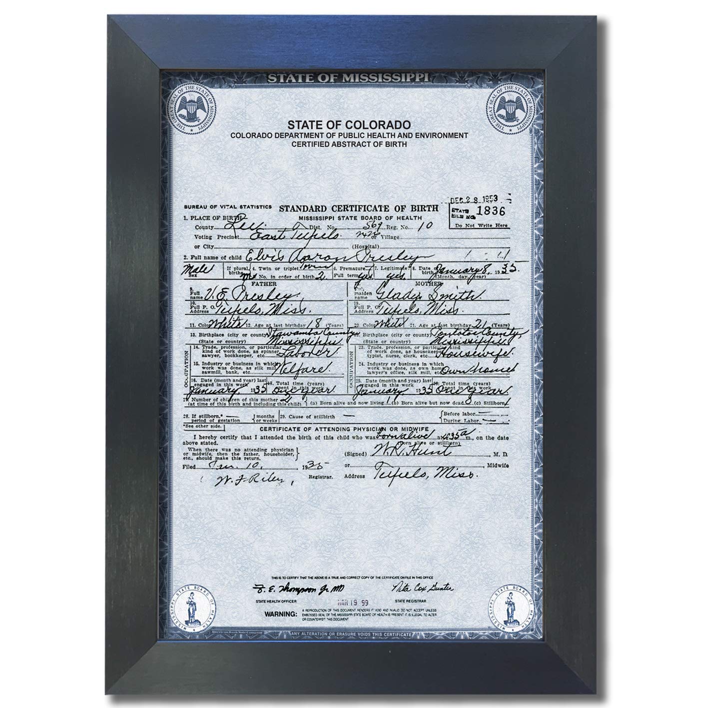 U've Been Framed Gold,Black #811 Elvis Presley Birth Certificate Signed Autograph Reproduction Print A4 Rare Perfect Birthday (297 X 210Mm) (Black Frame)