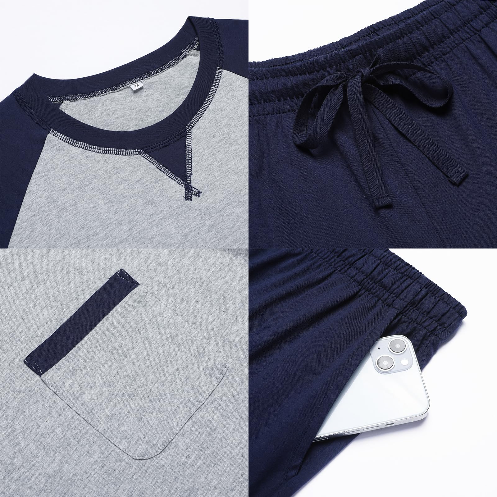 Pyjama d'été Court en Coton pour Homme - Ensemble de vêtements de Nuit 2 pièces avec col Rond, t-Shirt à Manches Courtes et Pantalon de Pyjama pour Homme