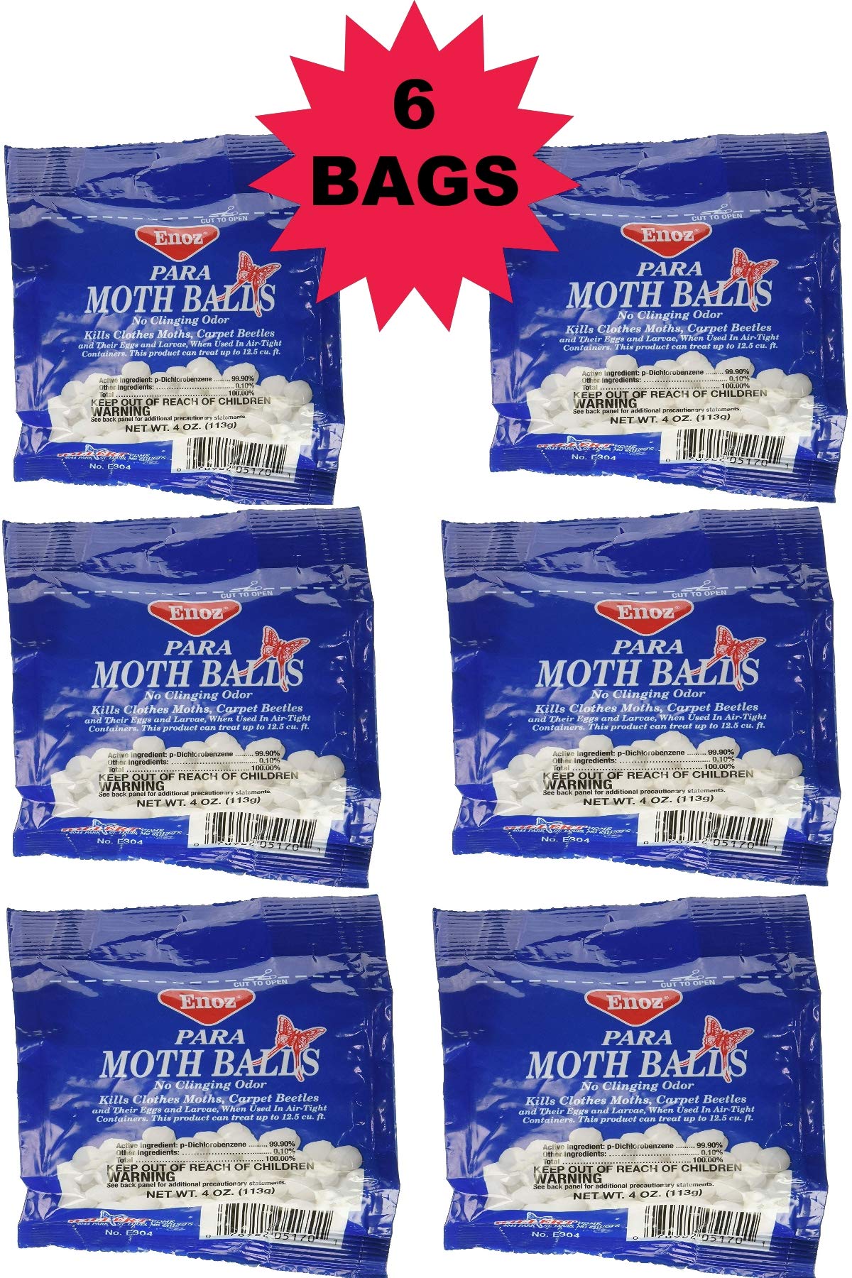 ENOZ Moth Balls 4oz, 6-Packages Protects Against Clothes Moths, Carpet Beetles and Their Eggs and Larvae. Moth Killer