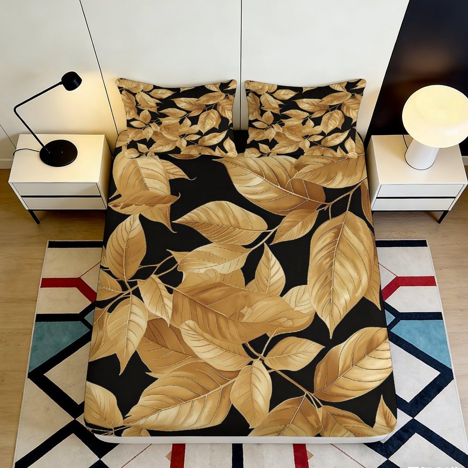 3D Printed Golden Leaf Fitted Sheet Microfiber Deep Pocket Bedroom Bedding Non-Slip Golden Leaf Mattress Fitted Cover Elastic Hem Washable 90x200x25cm