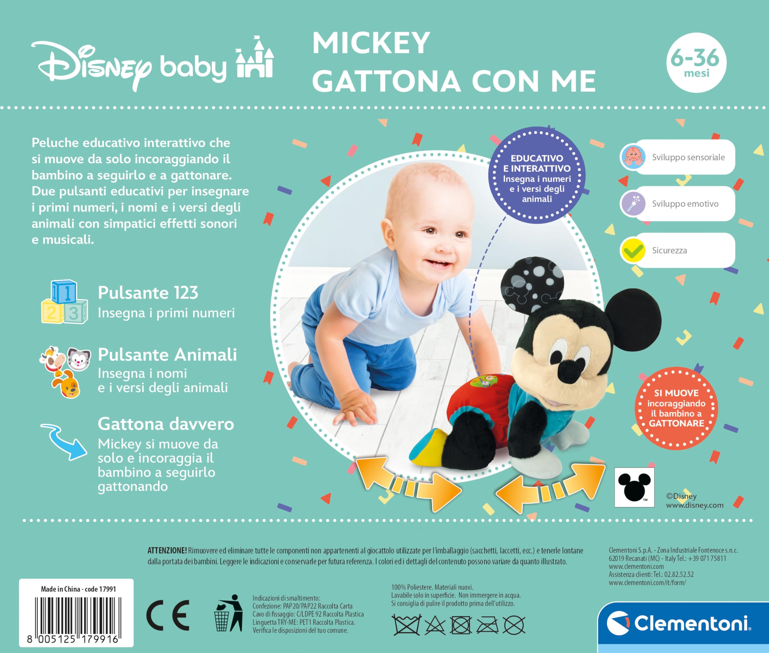 Clementoni Disney Baby Baby Mickey Gattona con Me, Topolino Peluche per Imparare a Gattonare, Gioco Prima Infanzia Bambini 6-36 Mesi, Insegna Numeri e Versi degli Animali, Lingua Italiana, 17991