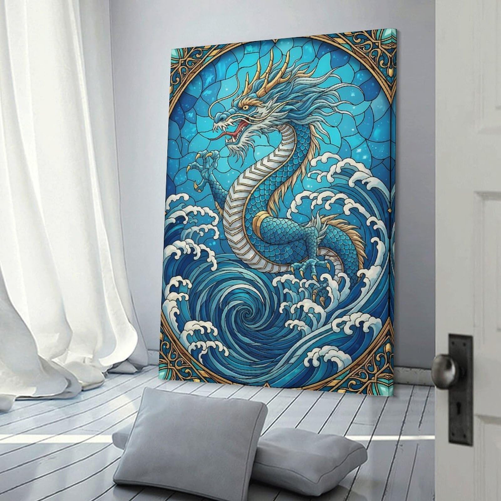 Junmoney Blue Dragon in Ocean Stained Glass Decorative Wall Artwork 08x12inch(20x30cm), for Front Hall, Corridor Or Welcome Spaces, Decorative Wall Art for Narrow Spaces