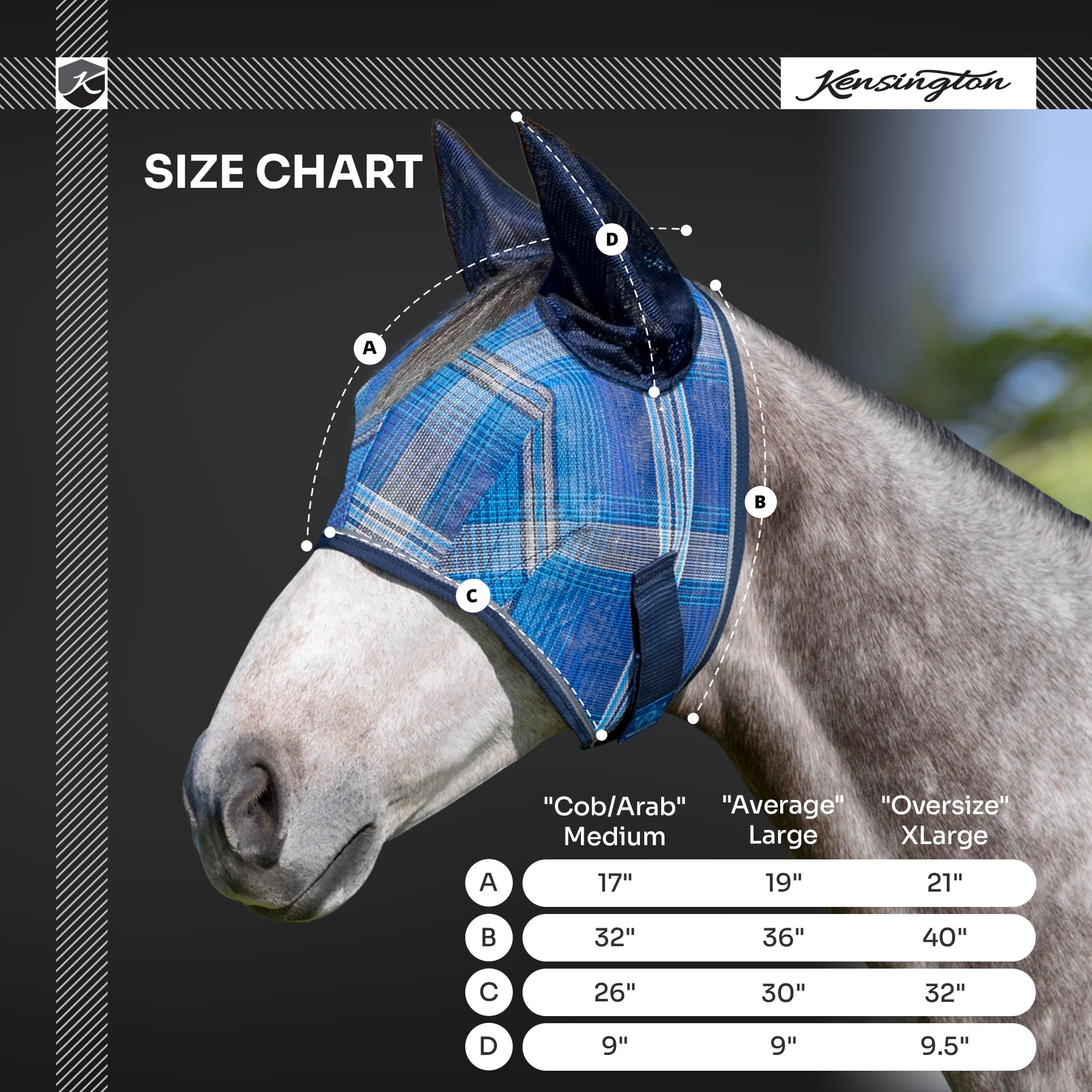 Kensington - Máscara antimoscas con ribete de forro polar para caballos, protege la cara y los ojos, ayuda a bloquear los rayos del sol mientras permite una visibilidad completa, transpirable y no