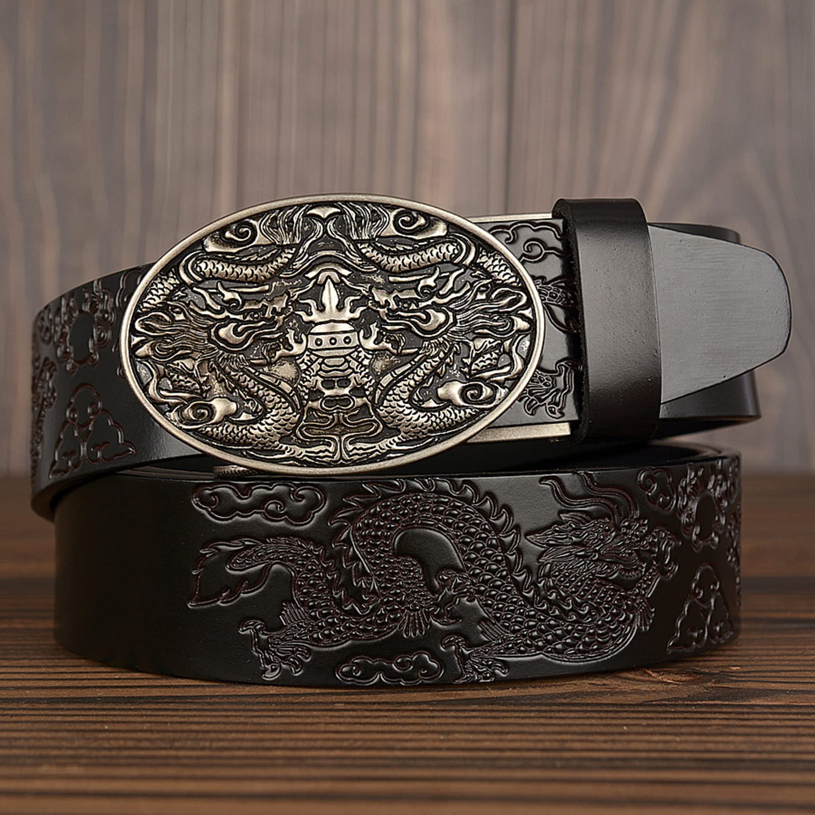 Cintura da Cowboy da Uomo, Cintura in Pelle Goffrata con Fibbia a Drago Scorrevole Automatico, Cintura Di Lunghezza 110-130 Cm, Cintura in Pelle Di Mucca con Fibbia Automatica/Dron~G/120Cm/Wa