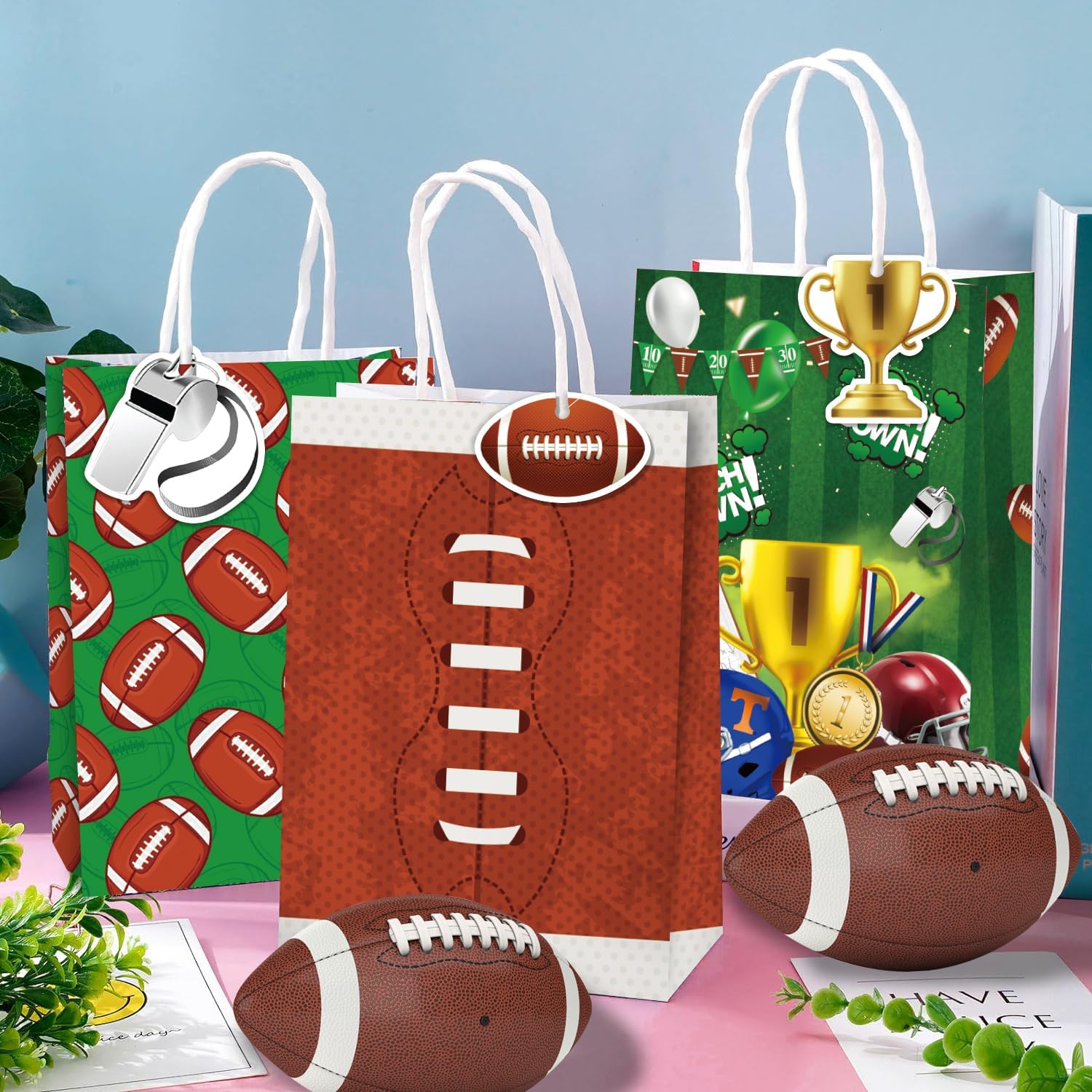 Mpanwen Football Goodie Bags, 16 Pcs Football Themed Party Favor Candy Treat Gifts Bags With Handle for Birthday Baby Shower Holiday Party Decorations - Image 5