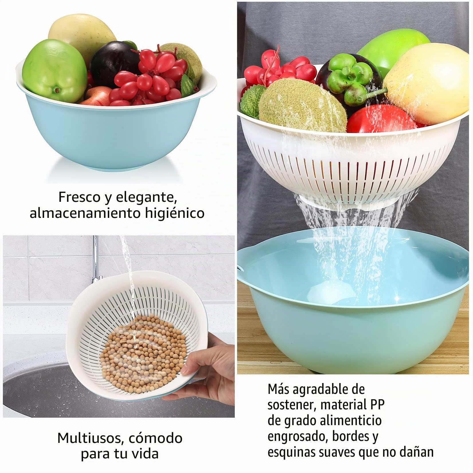 3 Piezas Coladores de Cocina Plastico, 2 en 1 Cesta de Drenaje Multifuncional, Coladores de Alimentos para Escurrir Pasta, Frutas, Verduras