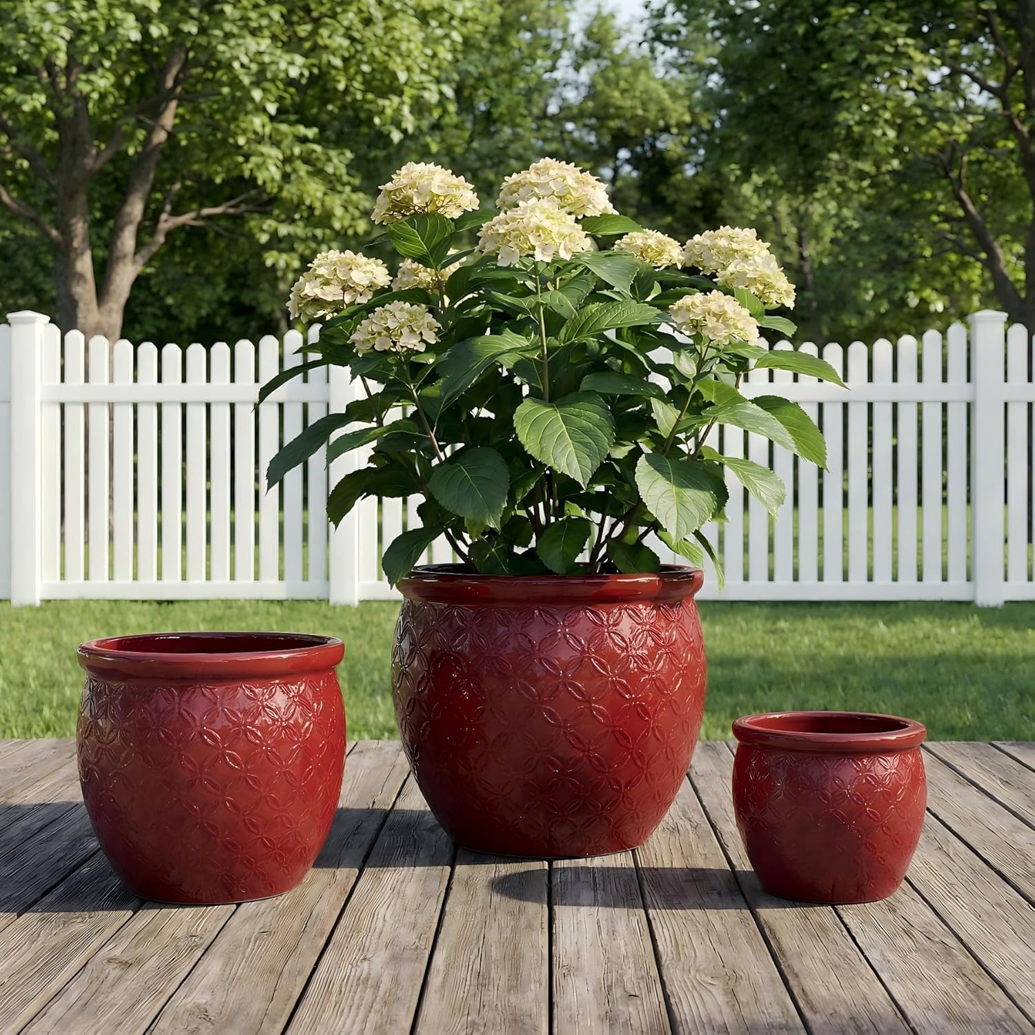 15/13/9 Inch Handmade Glazed Ceramic Planter Set of 3, Large Flower Pots with Drainage Holes, Textured Round Plant Pots for Indoor Outdoor, Patio Garden, Living Room Decor, Red
