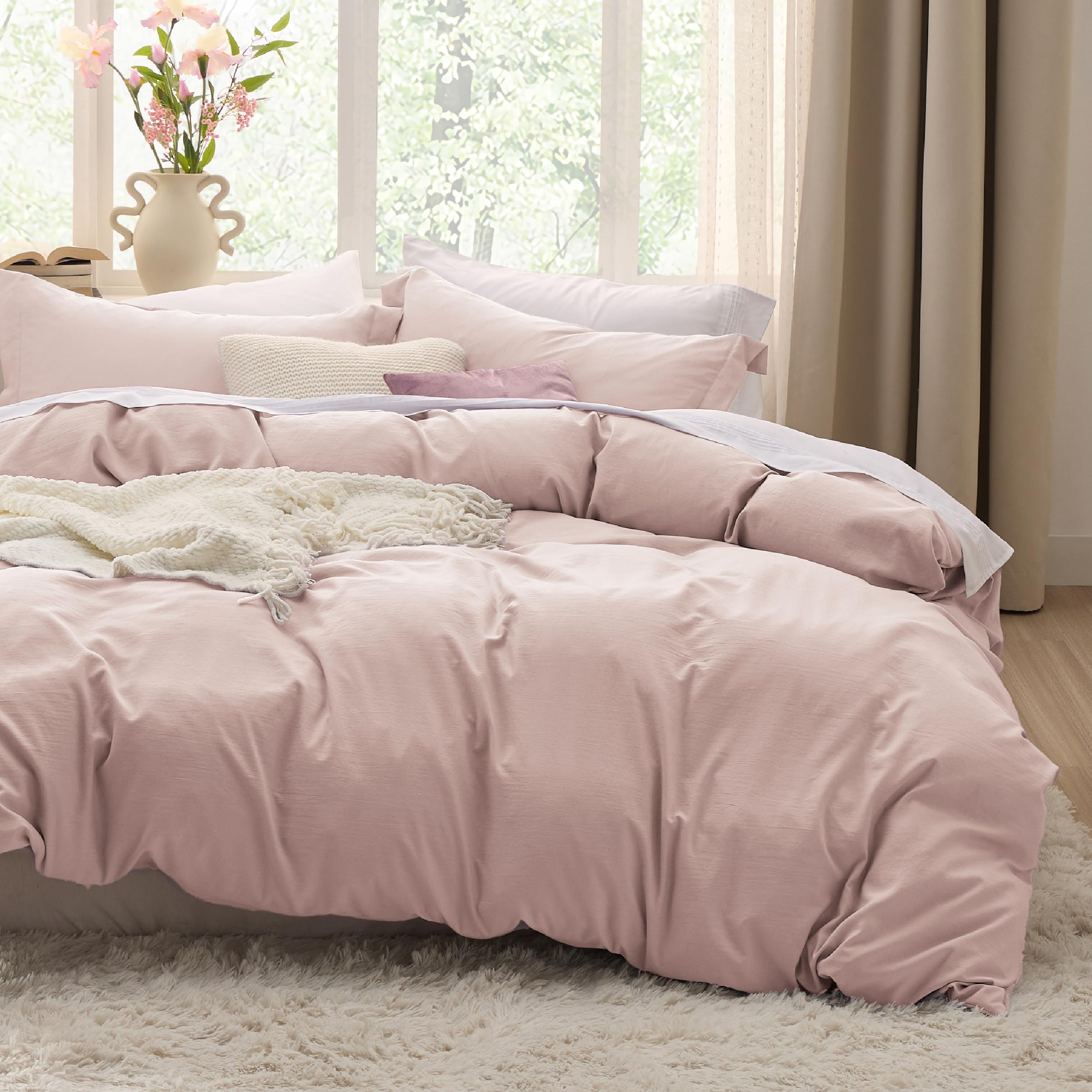 Photo 1 of Bedsure Prewashed Duvet Cover King, Cotton-Like Soft Bedding Set, Rose Pink