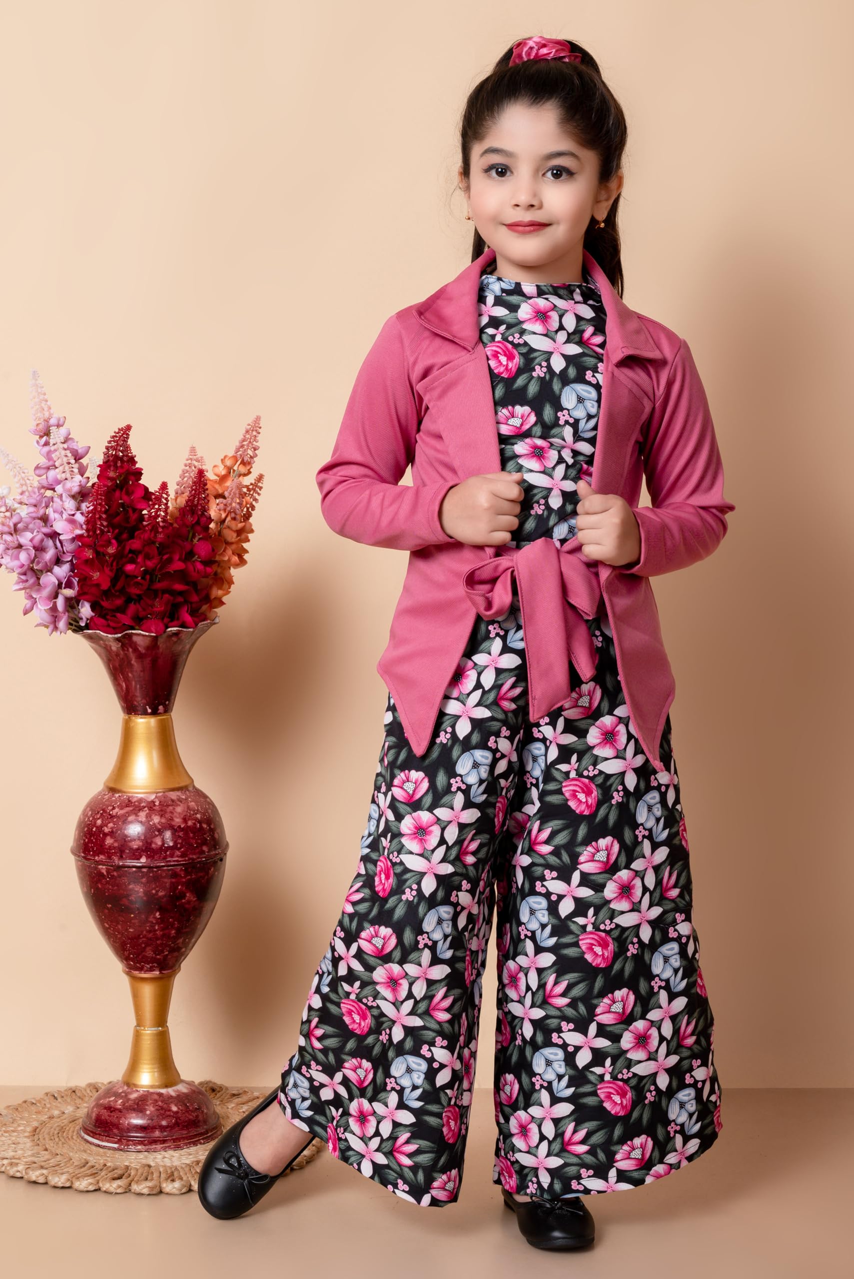 SPAMitude Girls Self Designed Premium Cotton Jacket Jumpsuit Dress | Floral Printed Jumpsuit Jacket Set for Birthday Girl (10-11 years, Pink) - Image 4 thumbnail