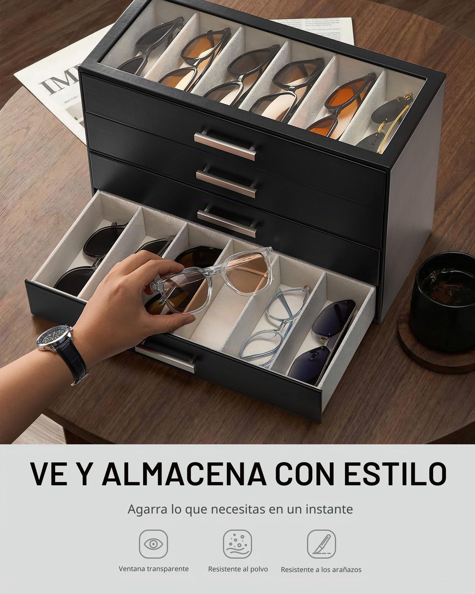 ProCase Caja para Gafas de Sol Hombre con Cajones y Tapa Transparente, Organizador Gafas Vertical de Gran Capacidad 4 Niveles para 24 Pares -Marrón