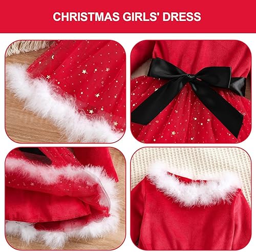 Miniatura 6 de BBAUER Disfraz de Santa Claus, vestido de manga larga de Xmmas Mrs. Claus, traje de Papá Noel con ribete fruncido, lazo rojo de la señora Claus