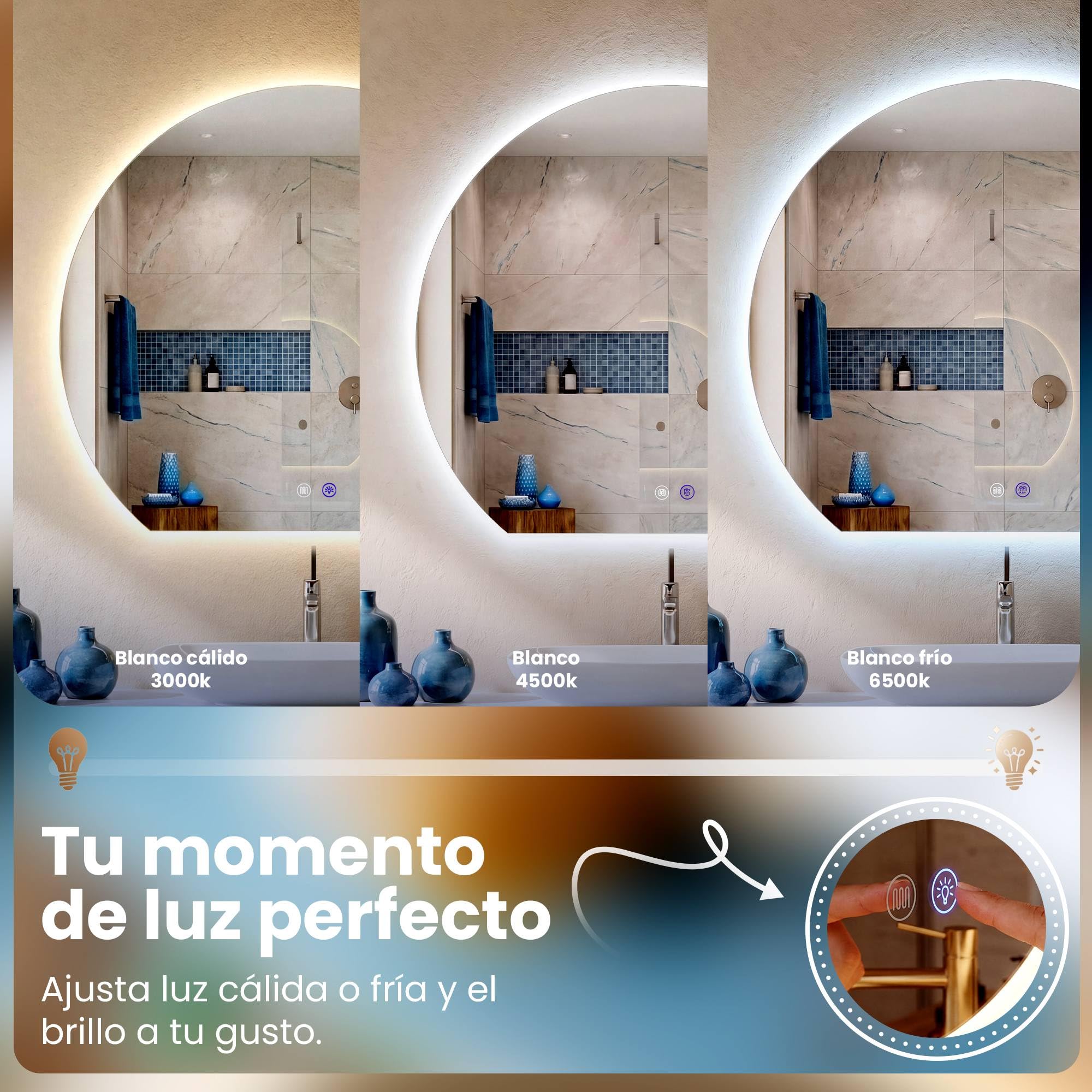 CLP Espejo de Bano LED semicircular, Espejo de Pared sin Marco con Sensor tactil, Regulable, 3 Tonos de luz, antivaho Baloni, Tamaño:Ø 60