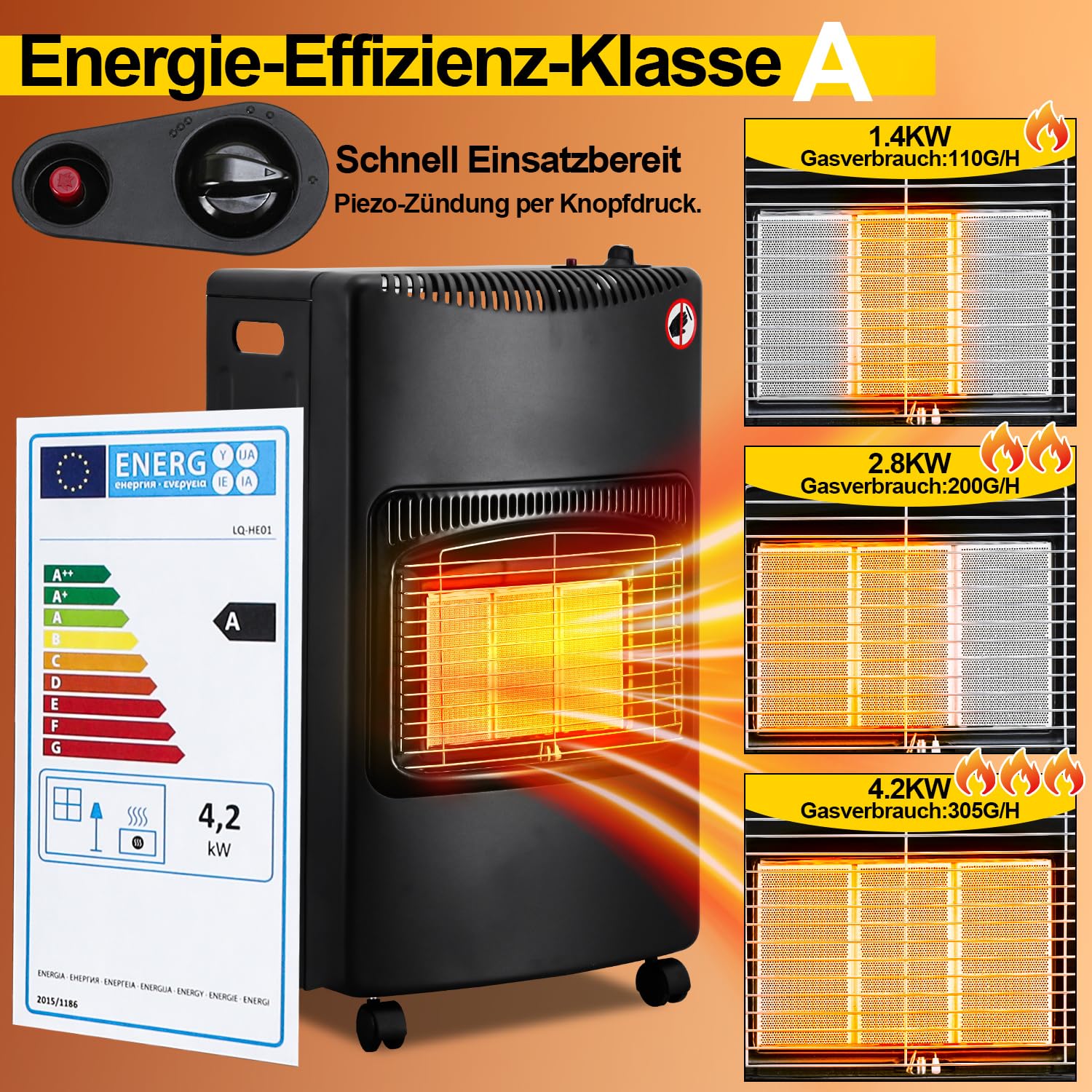 Stufa a gas da 4200 W, a infrarossi, 3 livelli di calore