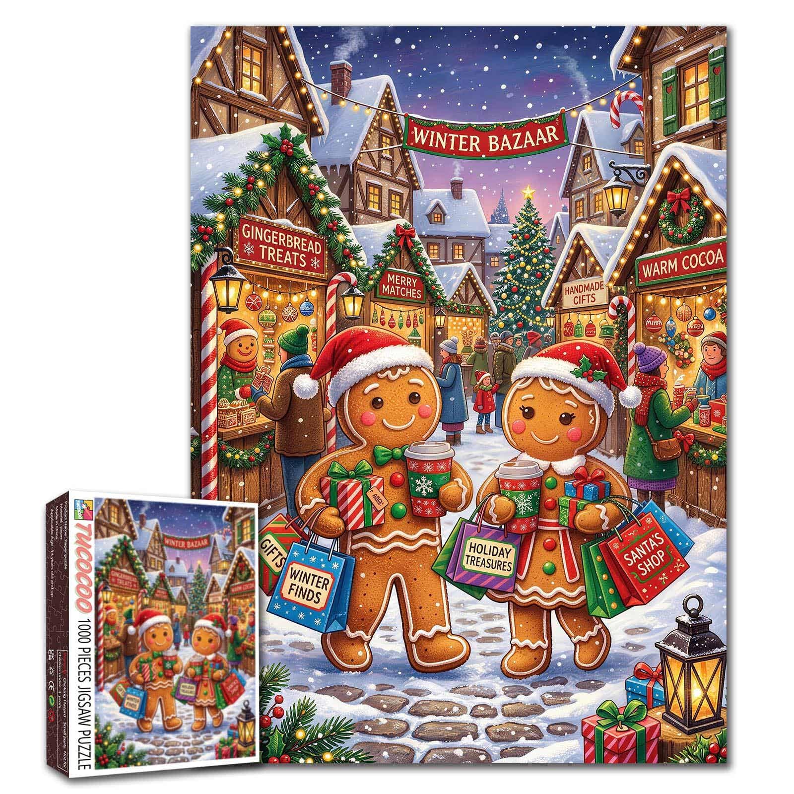 Winter Market Puzzle 1000 Pieces for Adults, Gingerbread Shopping in Christmas Village Jigsaw Puzzle Snow Streets and Holiday Lights Puzzles, Whimsical Seasonal Artwork Home Wall Decor