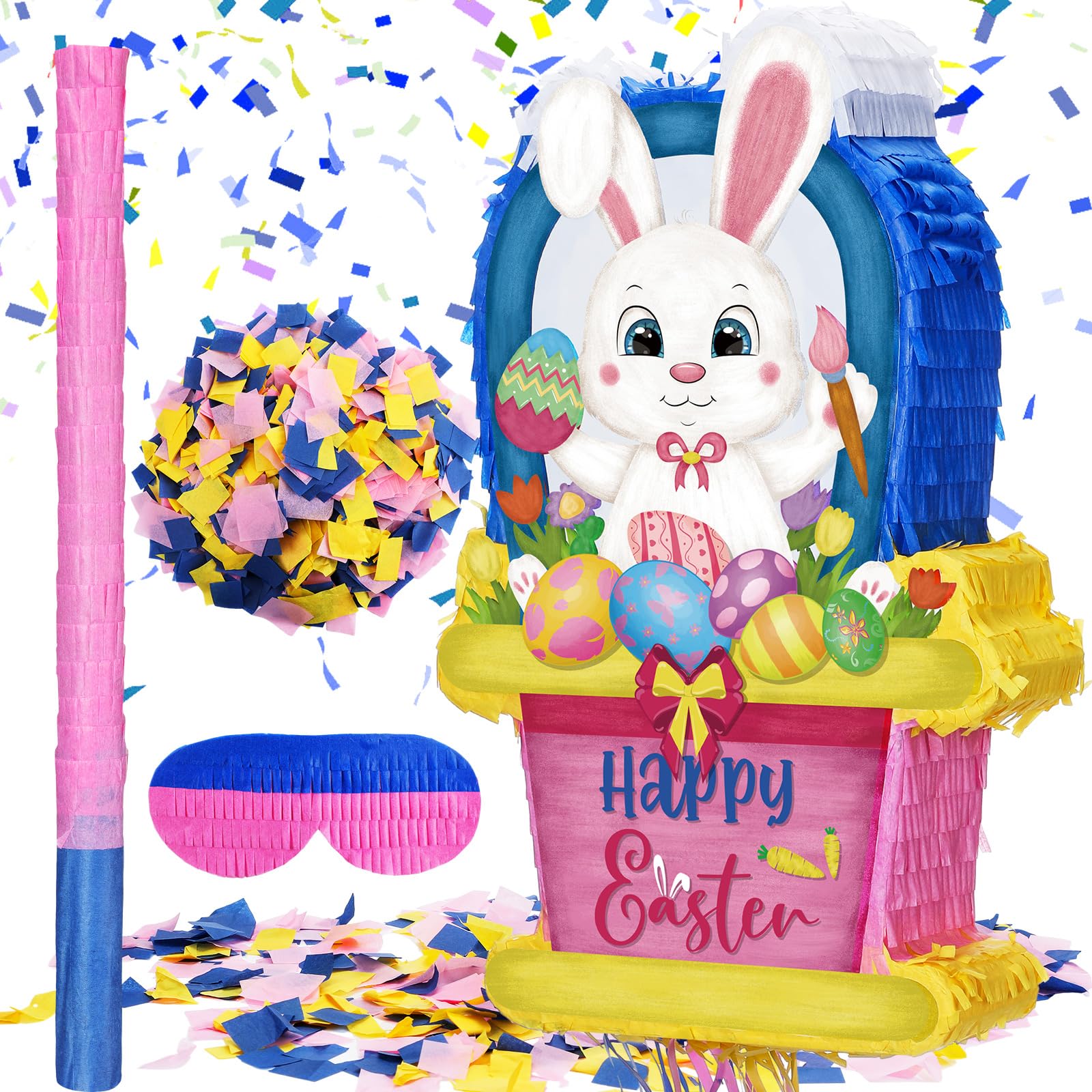 Happy Easter Pinata Easter Egg Bunny Pinata with Blindfold Bat Confetti 16.5 x 10.3 Inch Happy Bunny Pull String Pinata for Easter Decoration Photo Prop Candy Holder and Party