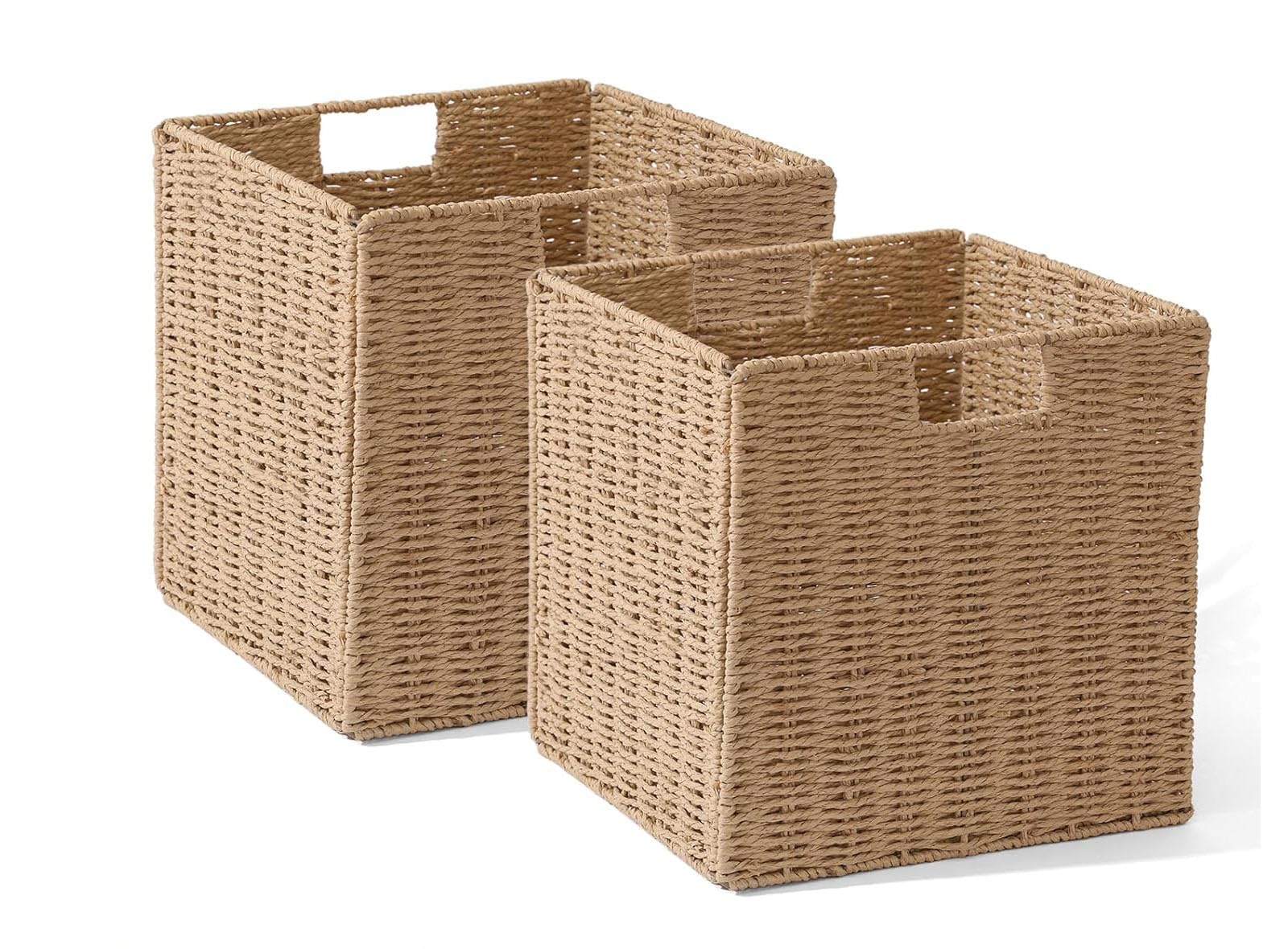 Photo 1 of 12x12x12in Wicker Storage Baskets for Shelves, Set of 2 Hand-Woven Paper Rope Wicker Basket,Foldable Cube Storage Bins, Natural Color Storage Cubes, Square Baskets for Organizing Decor