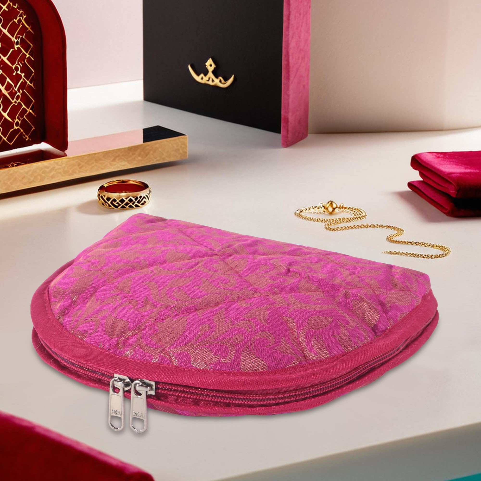 Kuber Industries Women's Pink Polyester Makeup Pouch Bag With 5 Compartments | Jewellery Organisers Pouch For Storage Earrings, Rings And Bracelet | Jama D Design