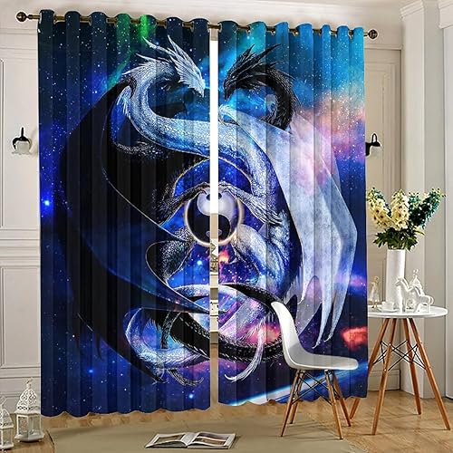 Miniatura 5 de INSFBRB Cortinas opacas con diseño de dragón japonés, fantasía, nube, negro, blanco, dragón, Yin Yang, con aislamiento térmico y ojales, para