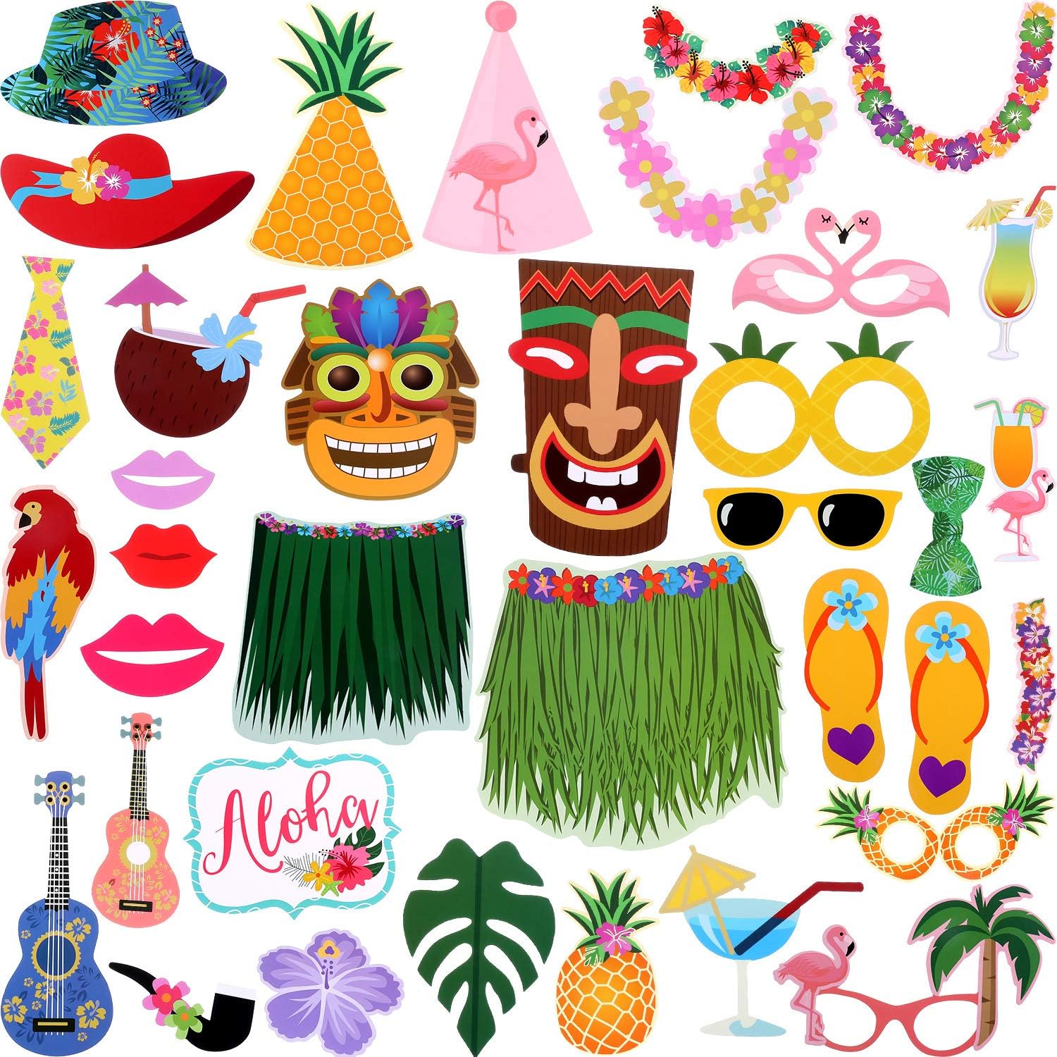 PHOGARY Luau Party Decorations Luau Photo Booth Props Kit 30pcs Hawaiian Themed Party Decorations Tropical Tiki Party Favors For Hawaiian Luau Summer