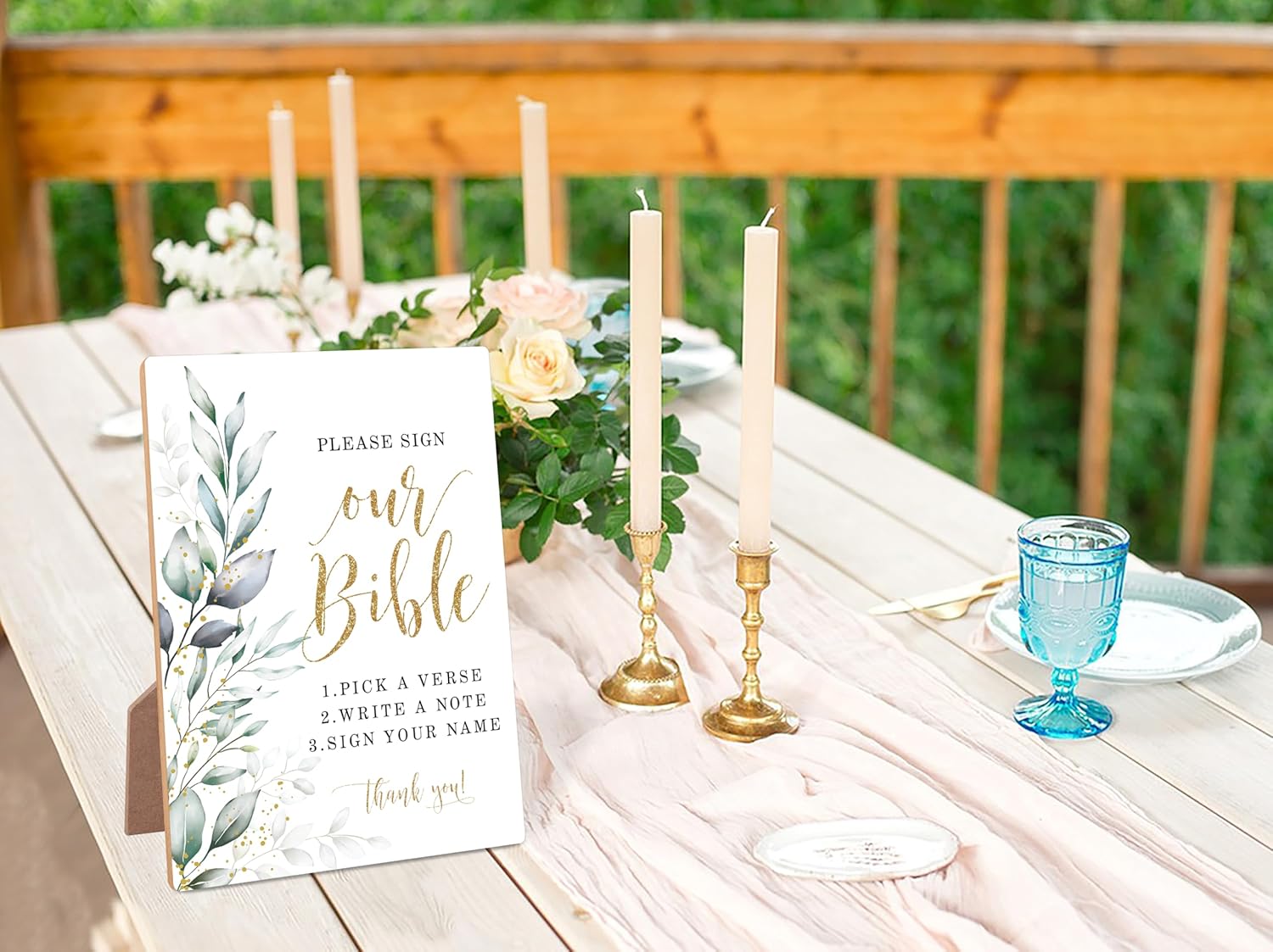 Greenery Wooden Wedding Sign, Please Sign Our Bible Sign, Floral Bridal Shower with Stand, Wedding Table for Reception, Engagement, Anniversary Event, Proposal Party Night, 12 - Image 3