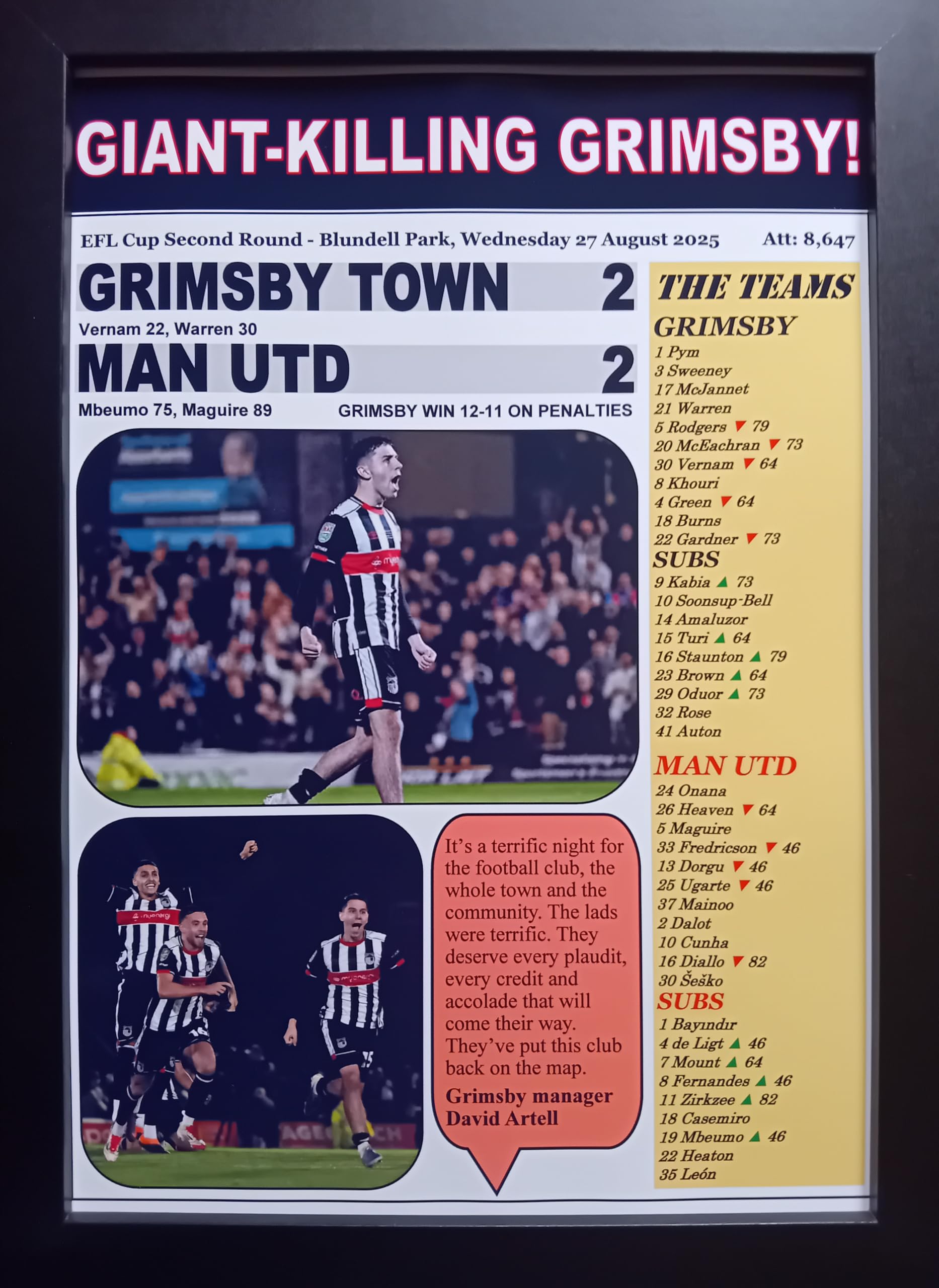 Assorted Grimsby Town 2 Man Utd 2 - Grimsby win 12-11 on pens - 2025 EFL Cup 2nd Round - framed print