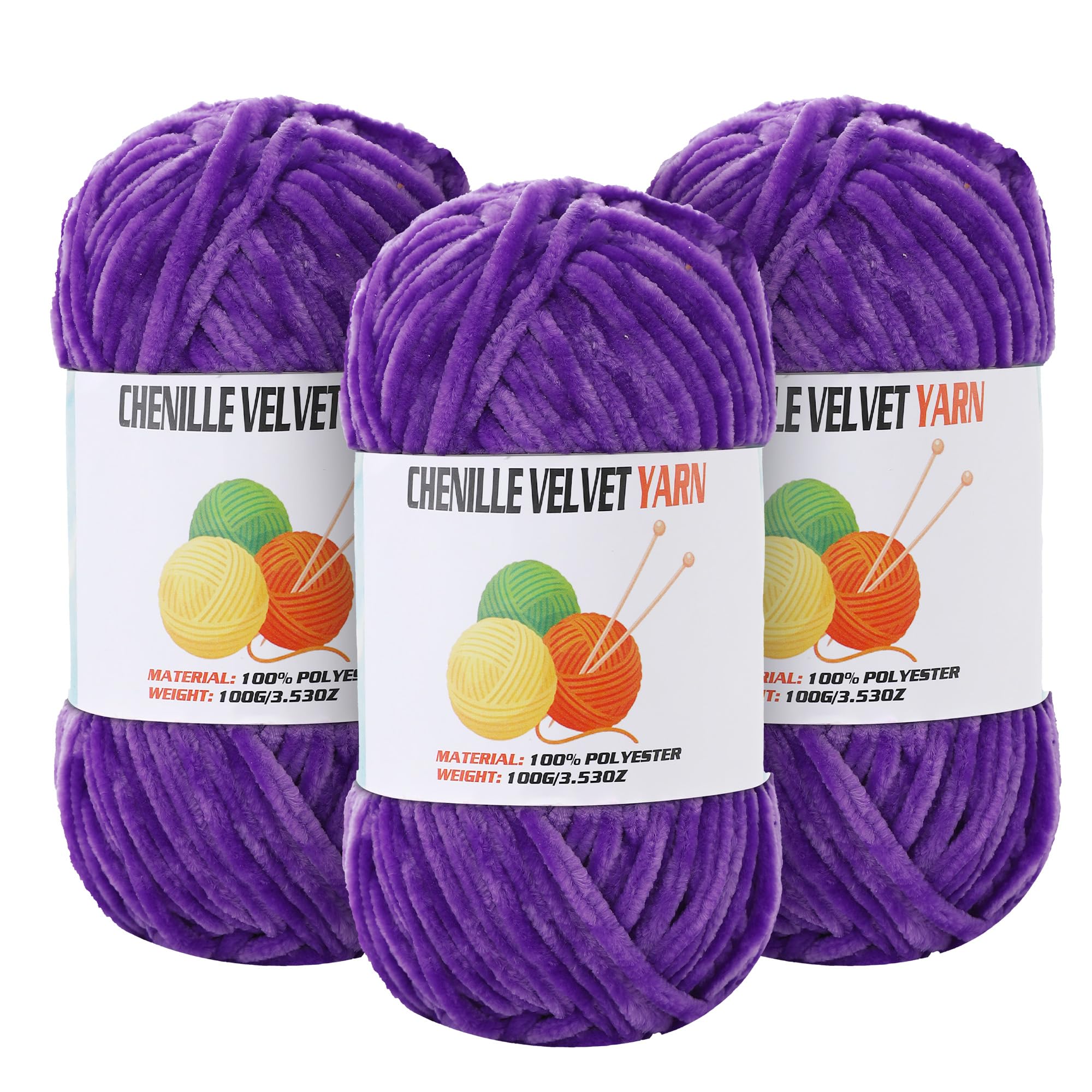 3 * 100g Velvet Chenille Chunky Yarn for Crocheting, Handcrafts Weaving Soft Chenille Yarn for Crocheting Clearance, Used for Making Baby Yarns Blanket, Clothes, Knitting Creations (Lavender Color)