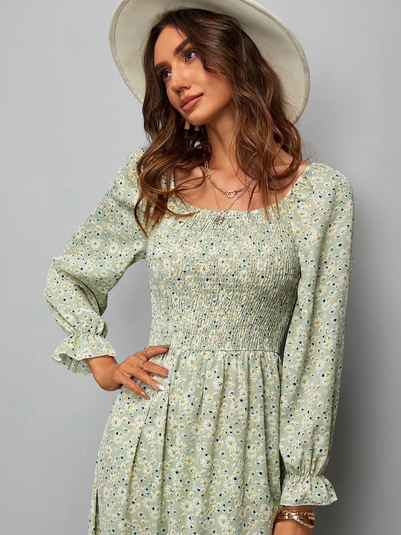 Amazon.com: Women's Dresses Ditsy Floral Shirred Flounce Sleeve -line Dress  Dress for Women (Color : Mint Green, Size : X-Large) : Clothing, Shoes &  Jewelry