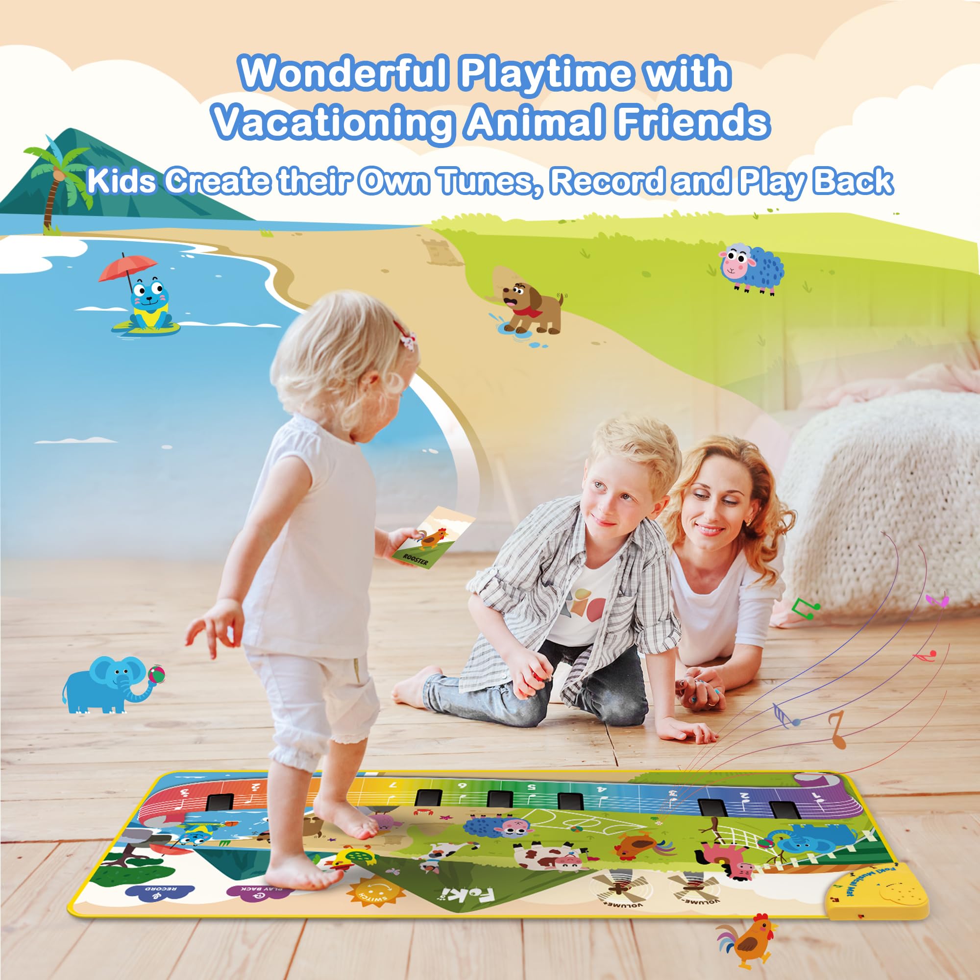 FOKI Toddler Toys Floor Piano Mat with 61 Animal Music Sounds, Baby Kid Sensory Educational Dancing Musical Keyboard Carpet Toy, Record Playback, for 1 to 5 Years Old Boy and Girl