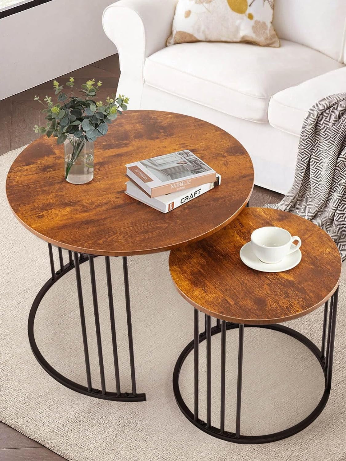 YORKING Nesting Coffee Table Set of 2, Round Table, Modern End Side Table Night Stand for Bedroom Dining Room (Brown)