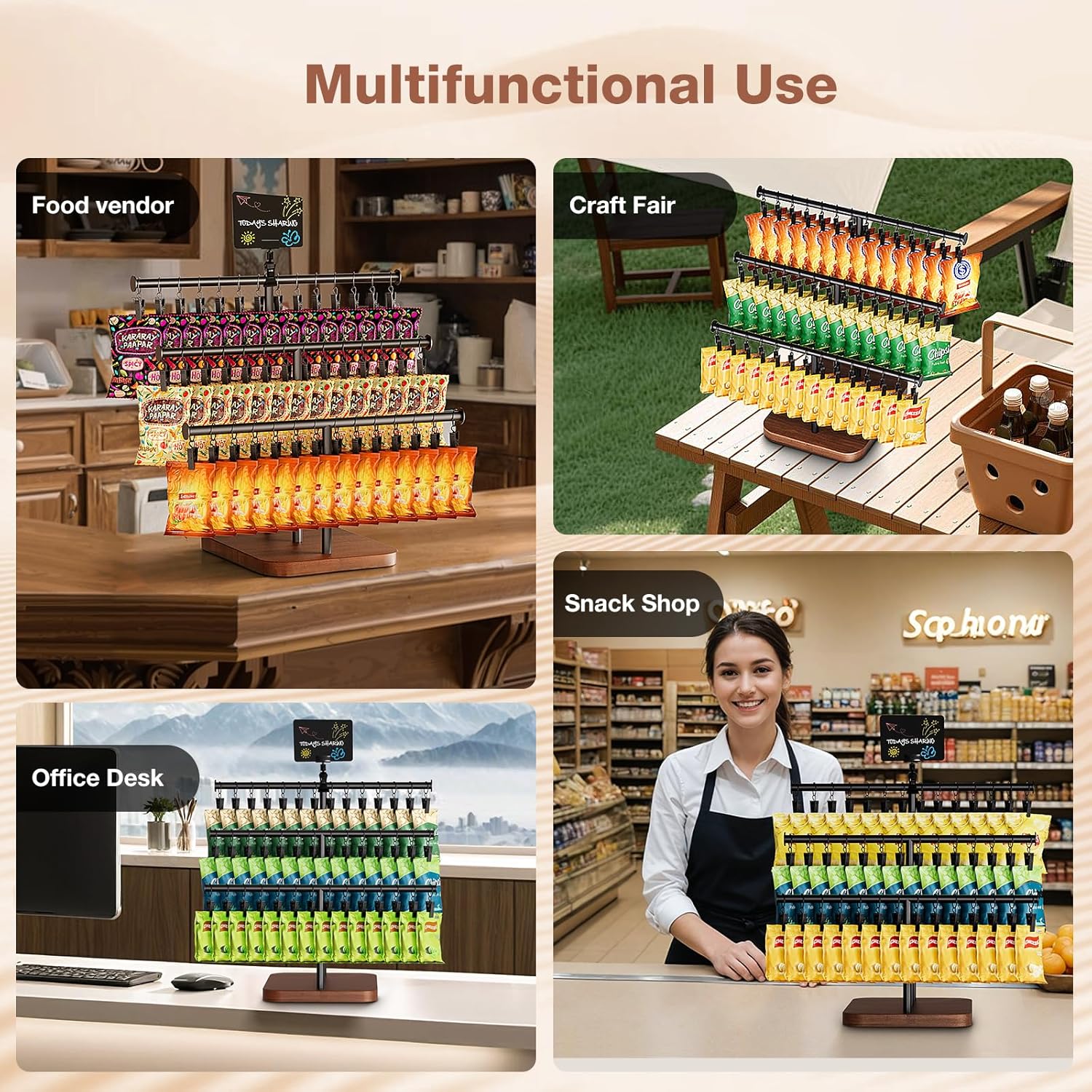 MOJOHAND 3-Tier Snack Display Stand with 42 Adjustable Clips – Durable Countertop Snack Rack Organizer for Retail, Parties & Events – Boost Snack Sales with Pine Wood Base Design