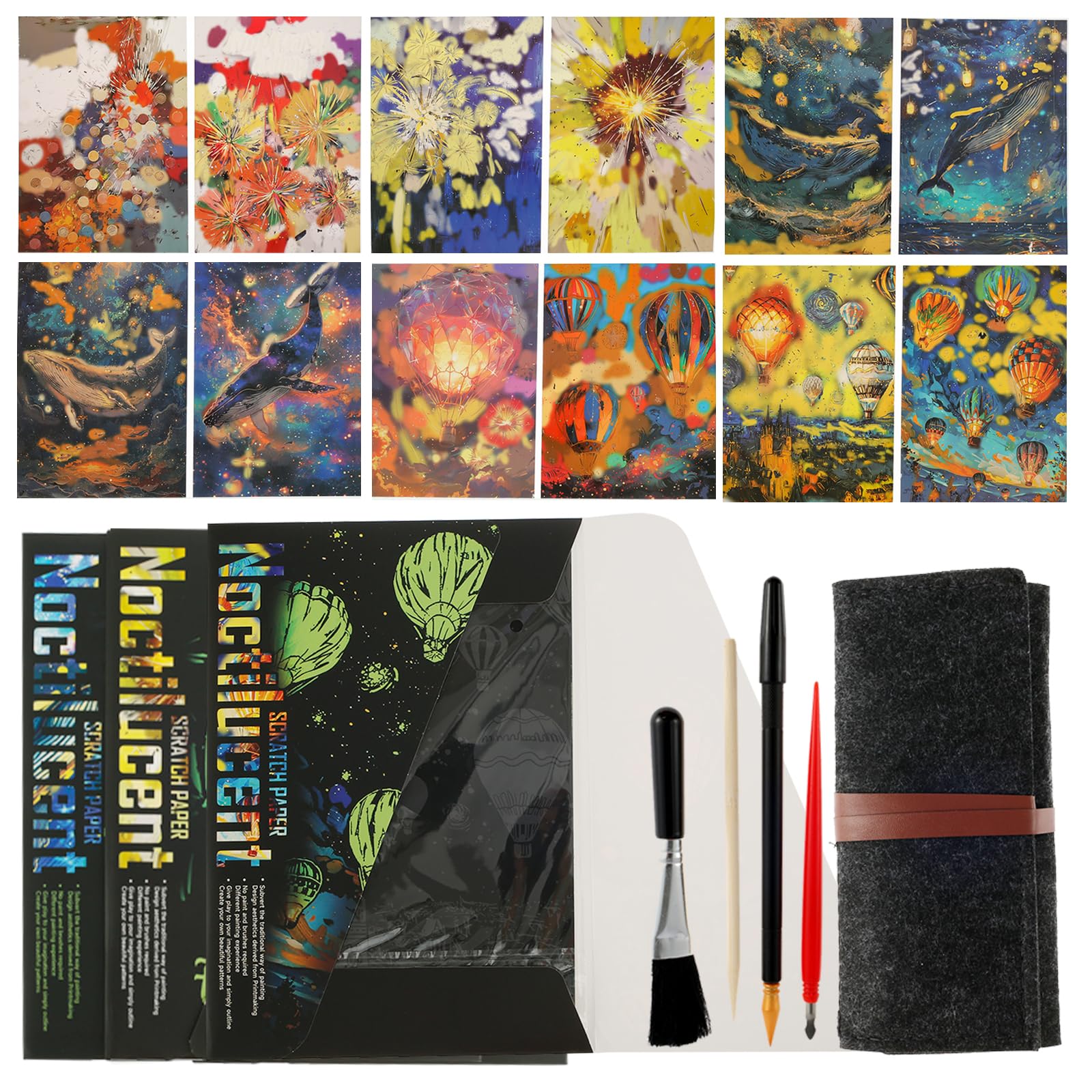 HSHGZSR Luminous Scratch Painting, ScratcCreative h Rainbows Painting Kids Adults, Scratchboard Art, DIY Handmade Art Gifts, Scratch Painting Paper Set Fireworks Hot Air Balloonsdiy Painting kit
