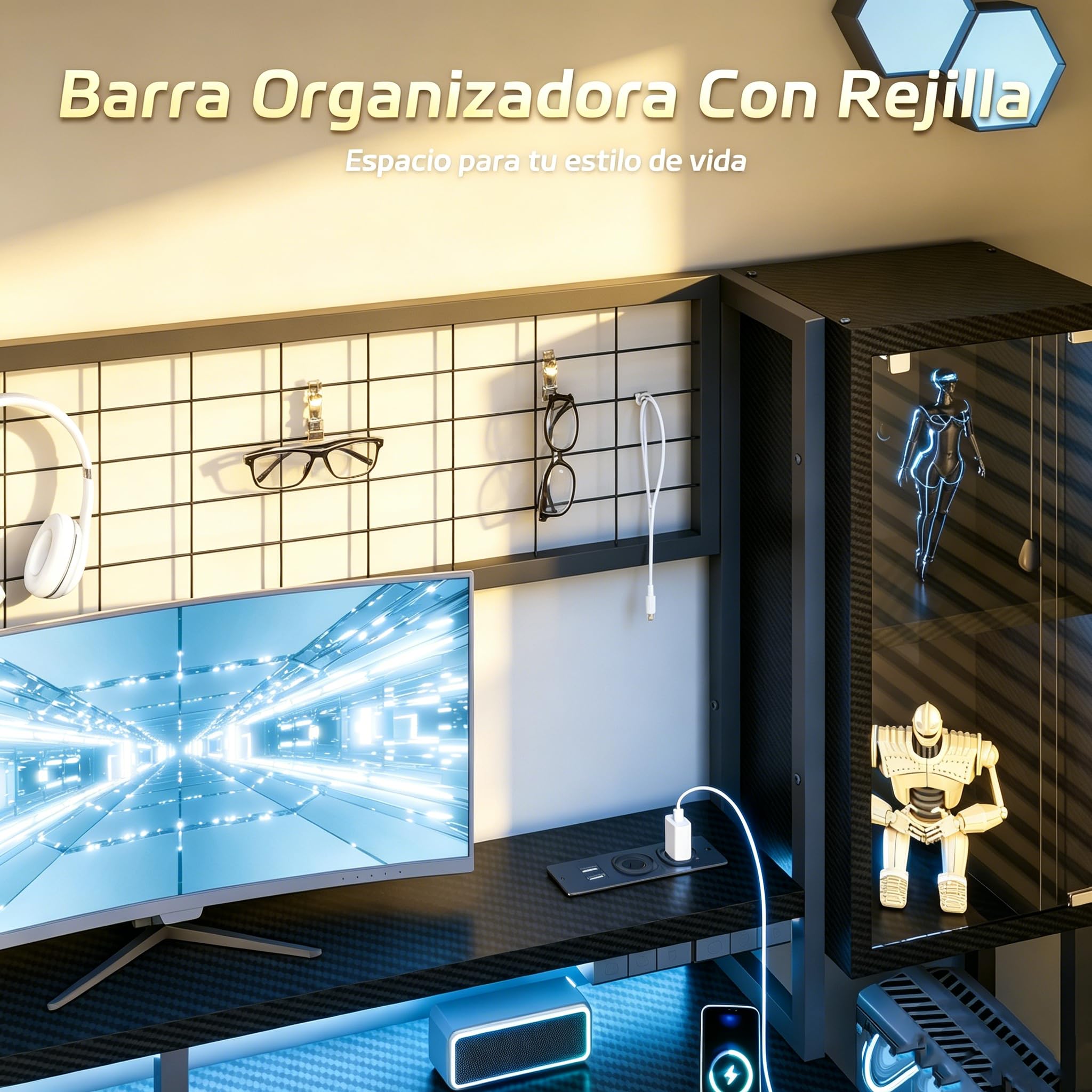 Devoko Escritorio Gaming 120 x 48 cm Negro | Estante integrado, Cajones incorporados, Luz LED, Enchufe eléctrico, Fibra de carbono, Amplio almacenamiento