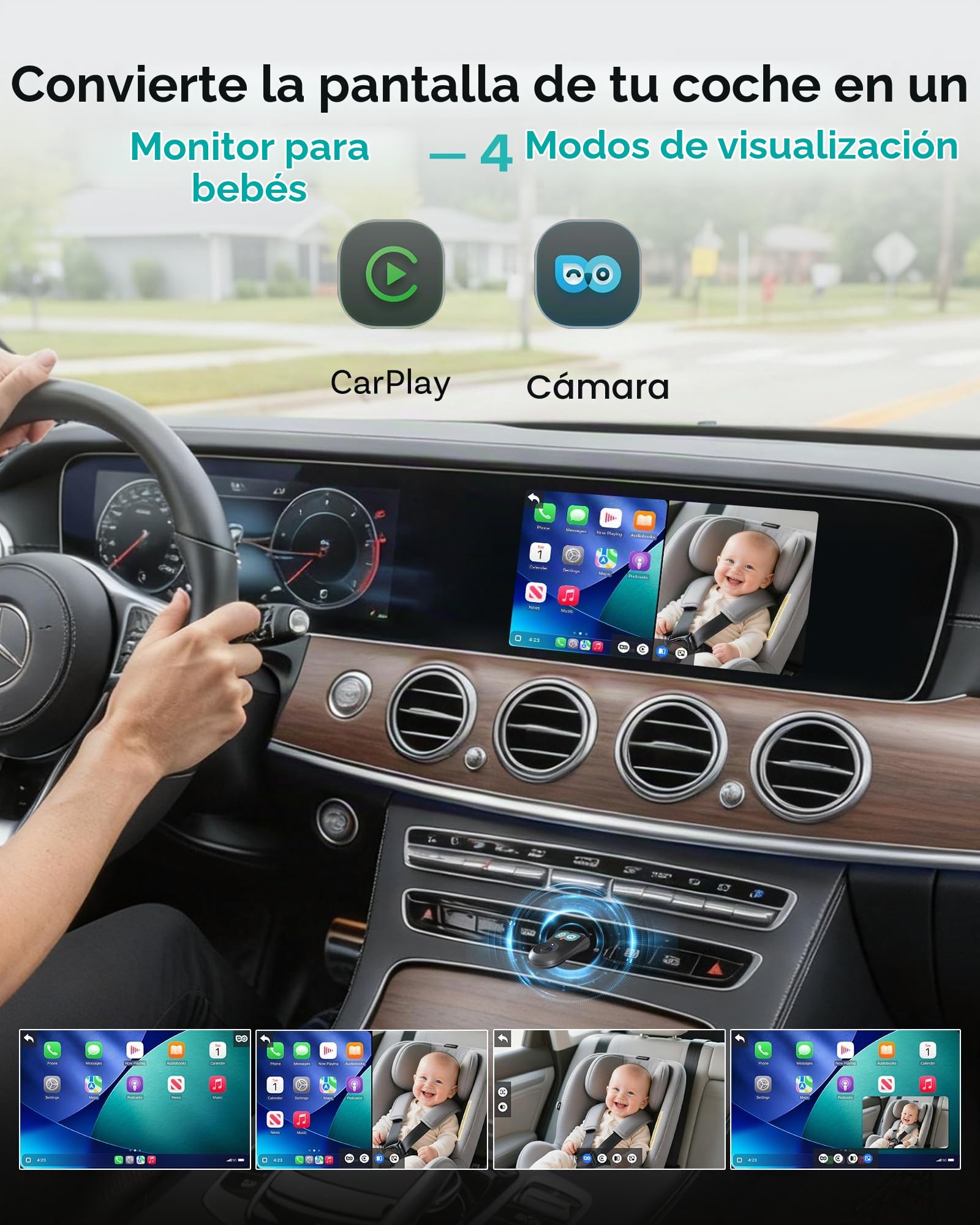 OTTOCAST Adaptador de cuidado de cabina 2026 en 1 para cámara de coche de bebé y adaptador inalámbrico CarPlay, no necesita pantalla adicional, monitor de bebé de coche 1080P para visión nocturna sin