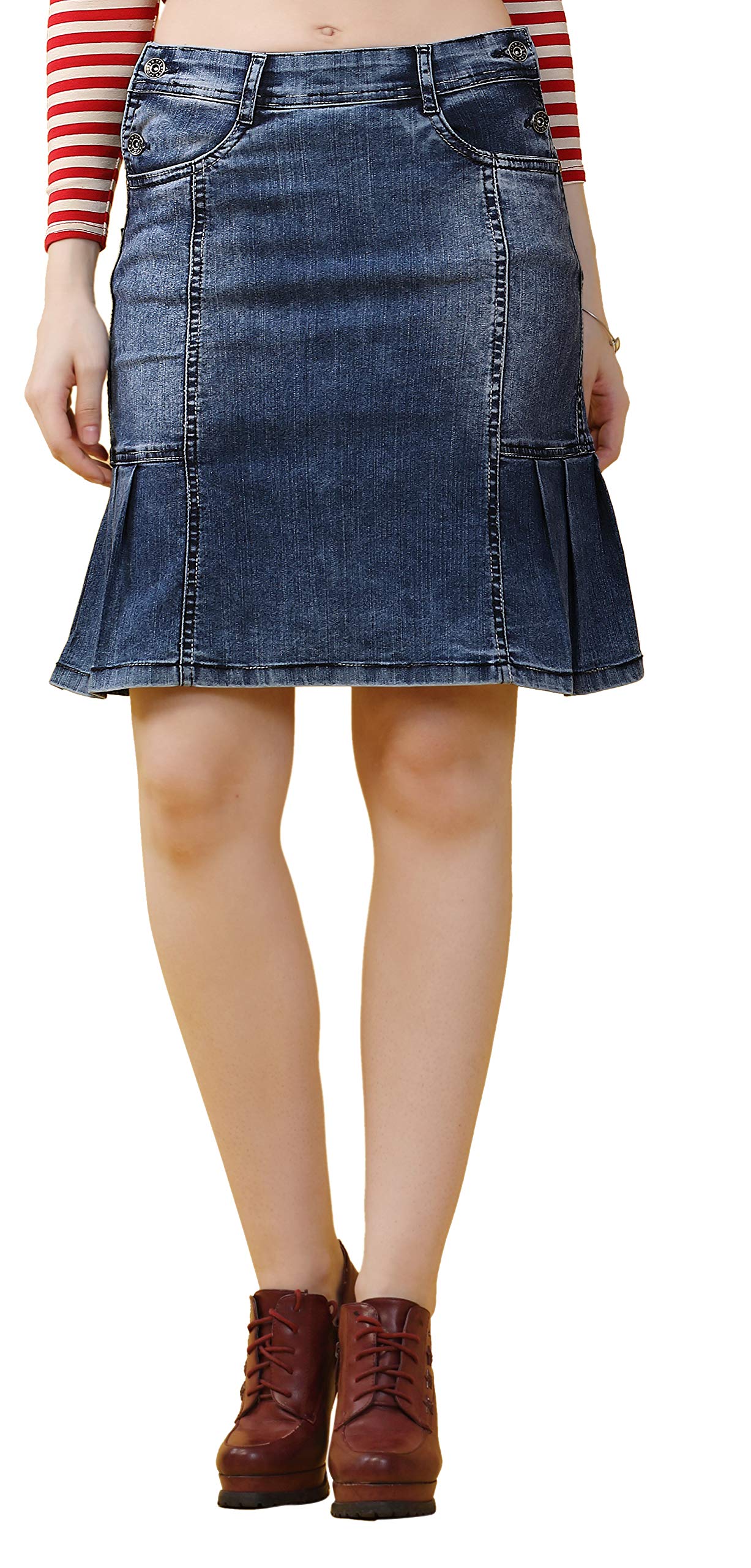 fck-3 Stretchable Denim Flared Four Buttoned Lightly Faded Skirt for Women-picture-27