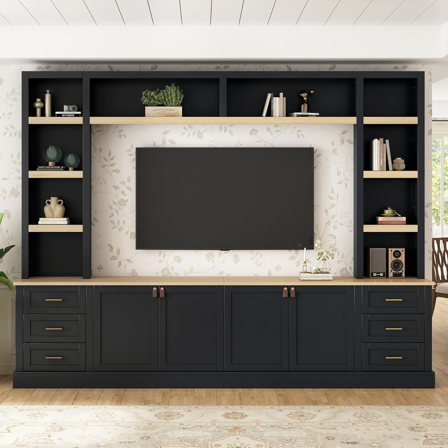 102.3"W Farmhouse 4-Piece Entertainment Center Wall Unit with Adjustable Shelves, Modern Large TV Stand with Bookshelves for TVs Up to 75", Rustic Media Console with 6 Drawers for Living Room, Black