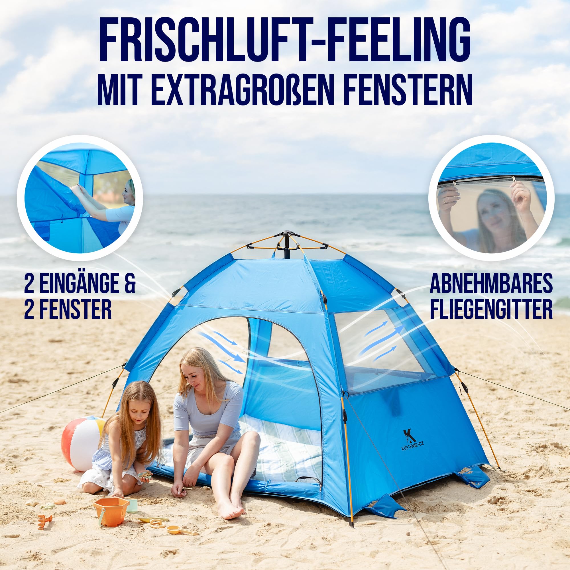 Strandmuschel für 2 Personen – UV-Schutz 50+ & abnehmbarer Boden | Quick-Up System für 10 Sek. Aufbau | Windstabil inkl. Sandtaschen, Seile, Heringe & Tragetasche, Blau