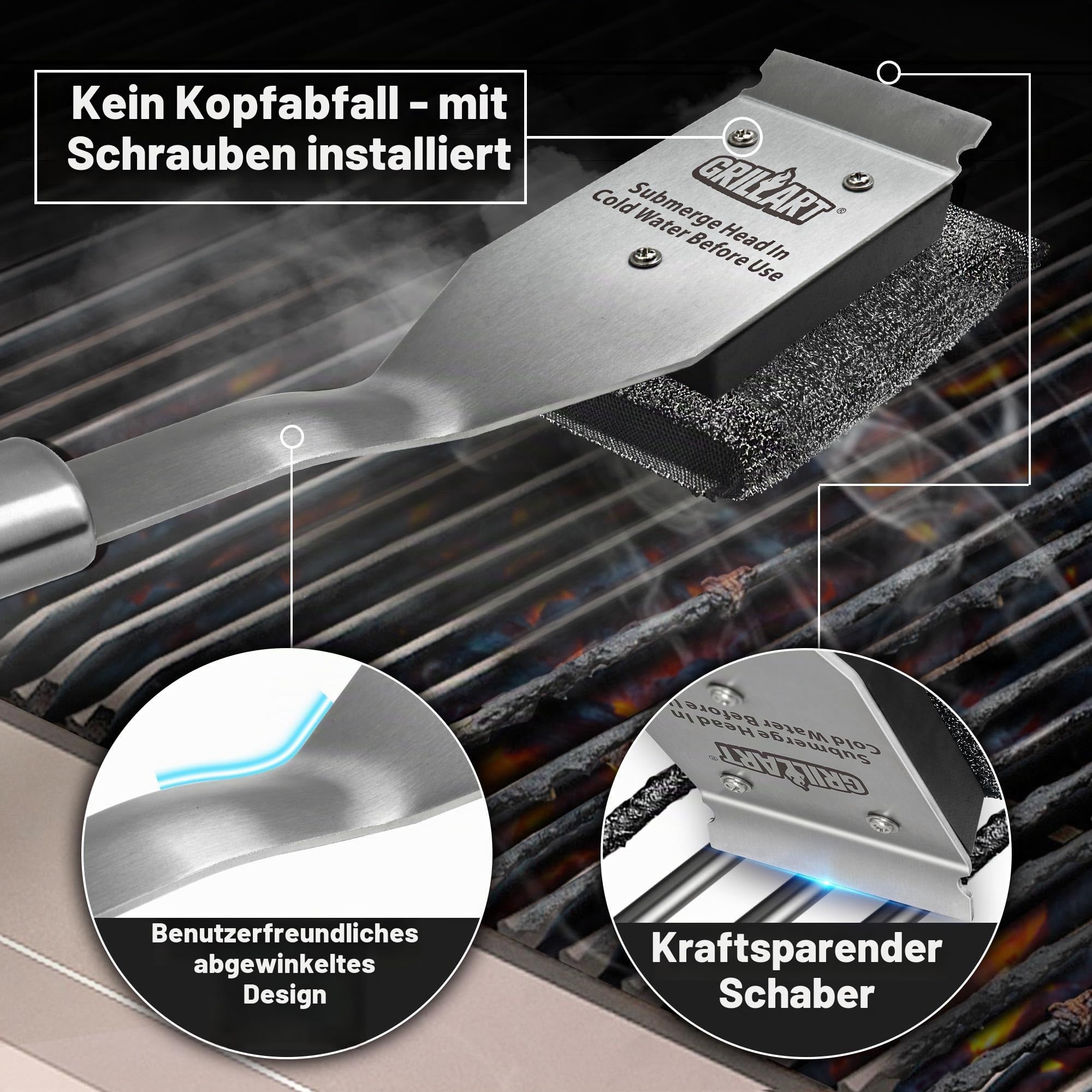 GRILLART Grillbürste Borstenfrei, Sichere Grillbürste für Outdoor Grill, SteamWizards BBQ Grill Reinigungsbürste Kit, Austauschbarer Kopf Grillschaber Werkzeug, Grillreiniger BBQ Zubehör, Geschenke