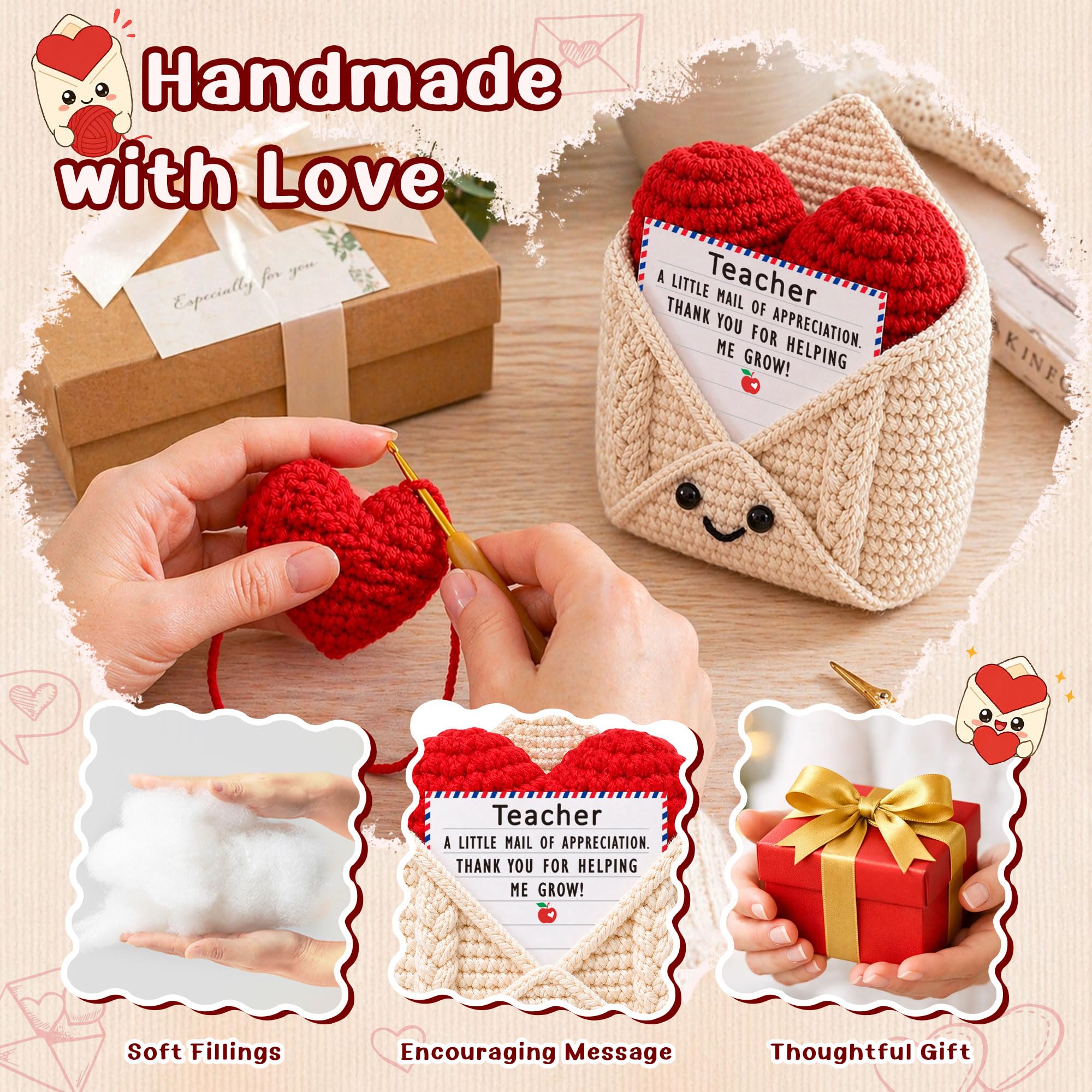Teacher Gifts, Teacher Appreciation Gifts, Thank You Gift for Teachers Mentor Educator, Gift Idea for Teacher's Day Birthday Graduation Retirement Christmas Valentines, Handmade Crochet Heart Envelope