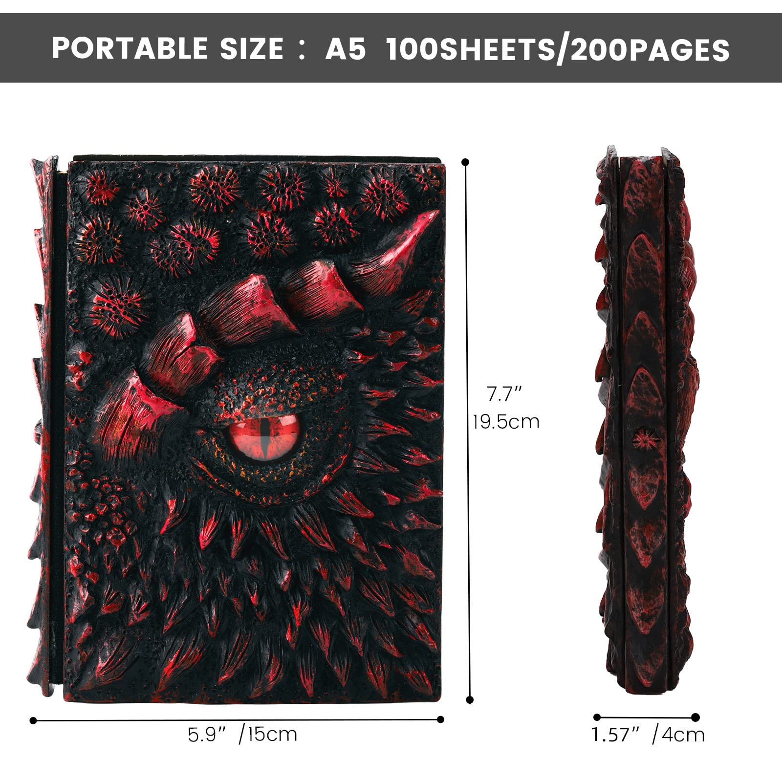 MOLSHINE A5 (7.3"x5.1") Journal en relief Dragon 3D,carnet de gravure en résine,journal rétro,100 feuilles de papier vierge,bloc-notes de voyage à couverture rigide pour l'écriture,cadeau (Rouge)