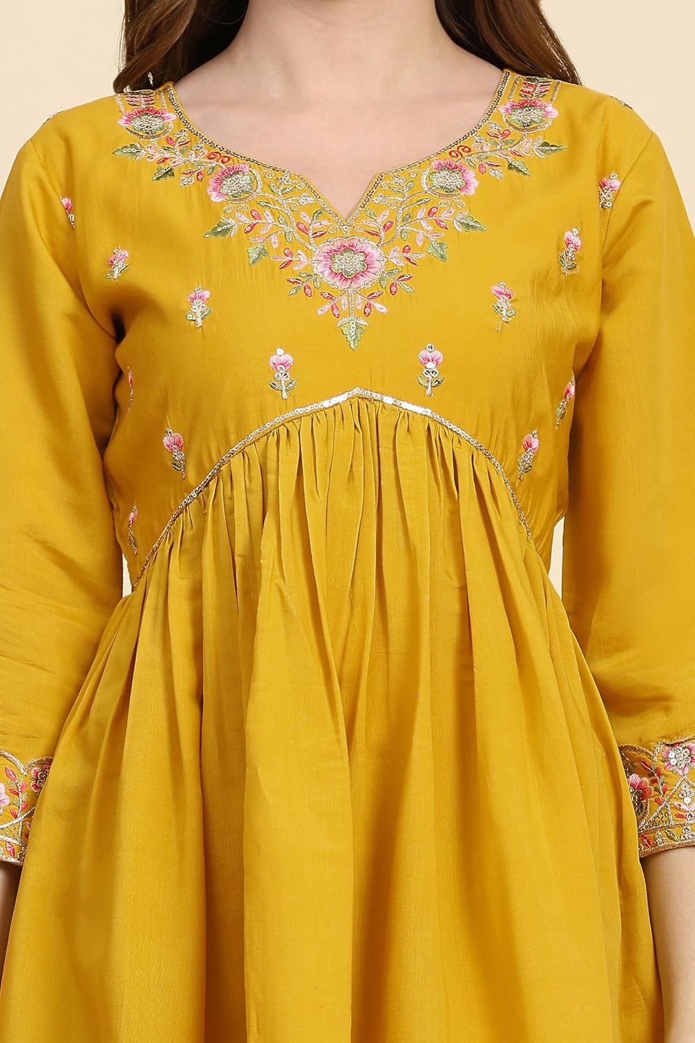 TRENDMALLS Women's Satin Silk Embroidery Salwar Suit Set Kurta Pant with Dupatta (G188-Yellow-M)