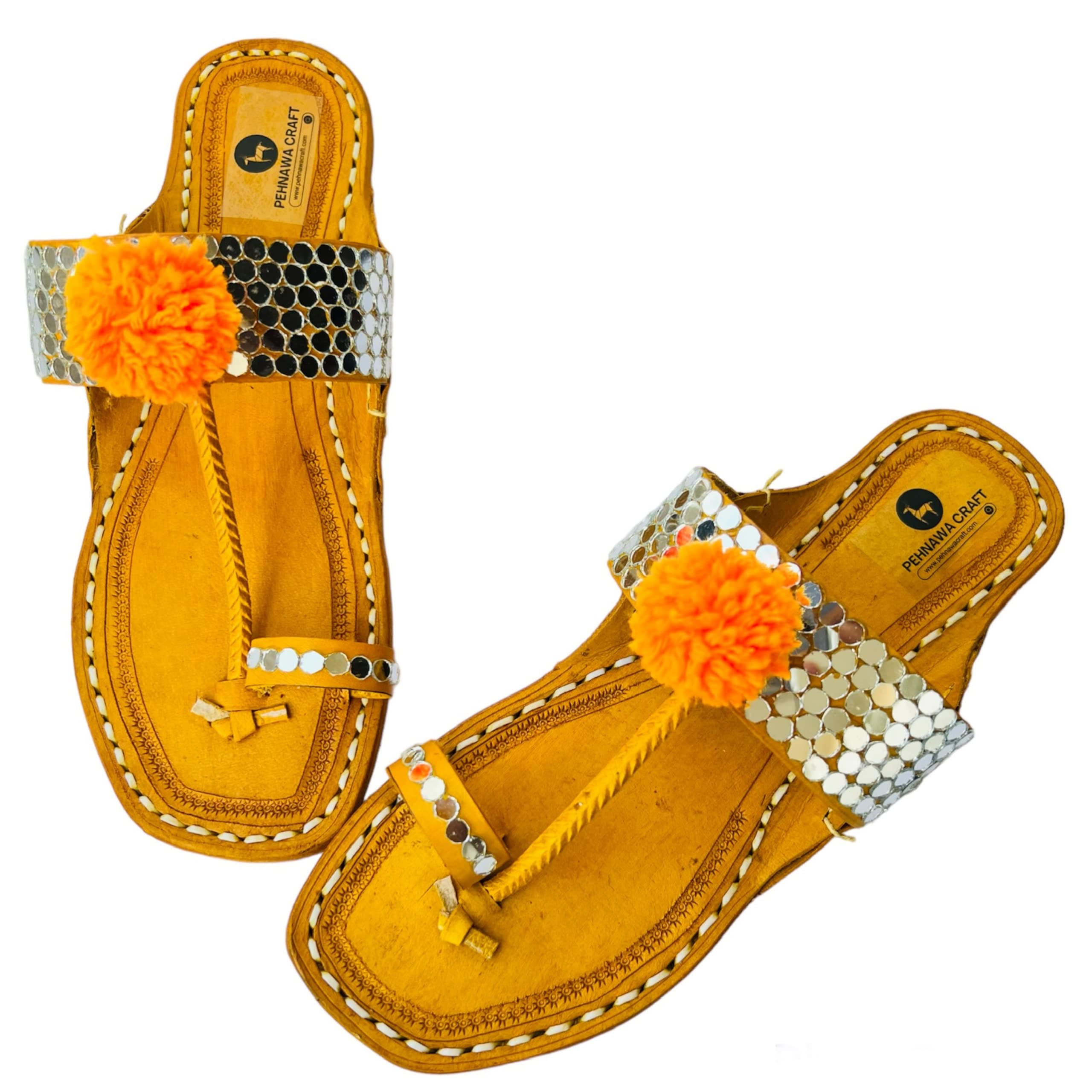 Orange Pompom Mirror Original Kolhapuri Ethnic Flats for Women | Leather Fancy kollapur Chappal | Stylish Ladies Bridal Sandal | Traditional kolapuri Footwear | kohlapuri for Girl-image-18