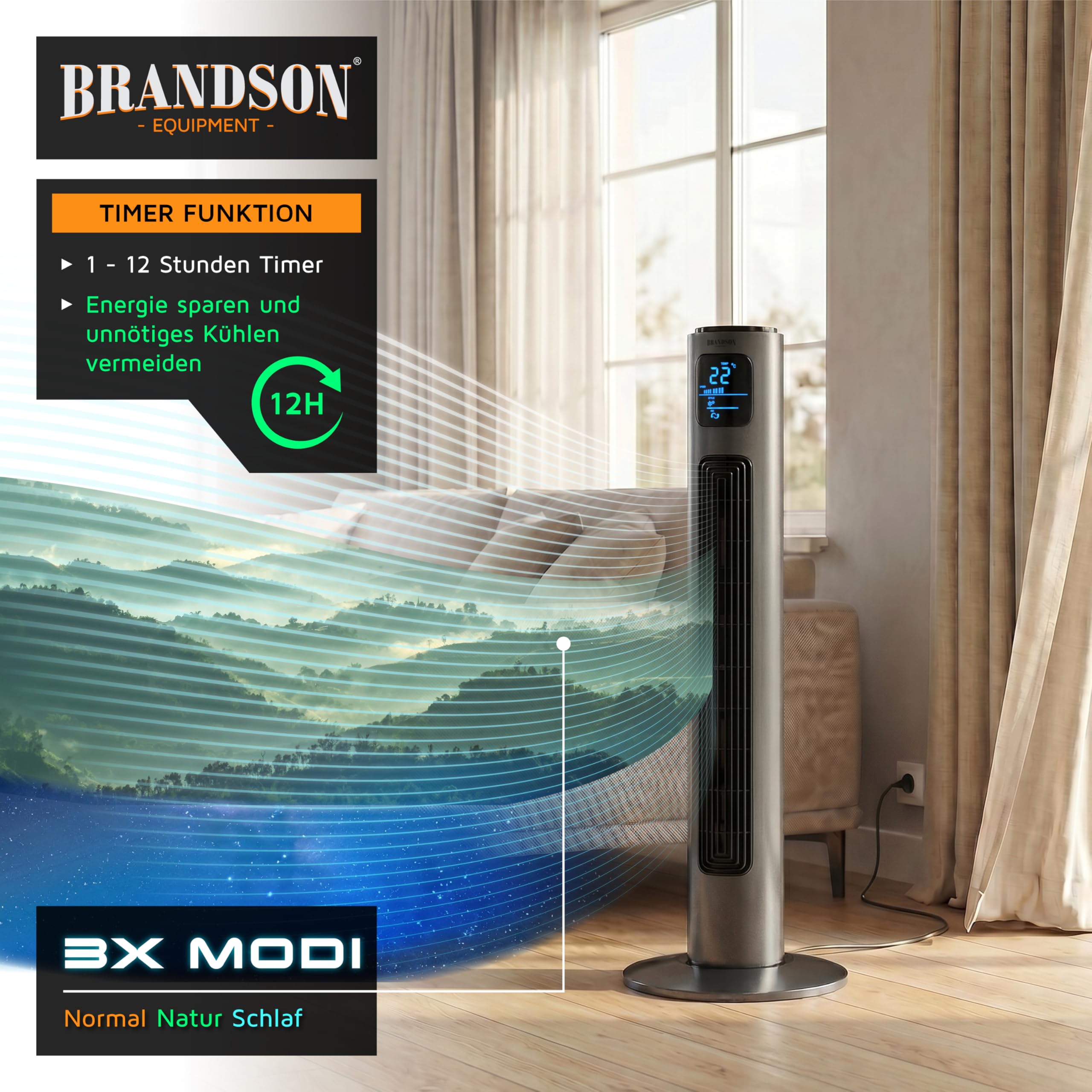 Brandson Standventilator 96 cm mit Fernbedienung leise Oszilation 3 Geschwindigkeiten Timer GS Cool Grey
