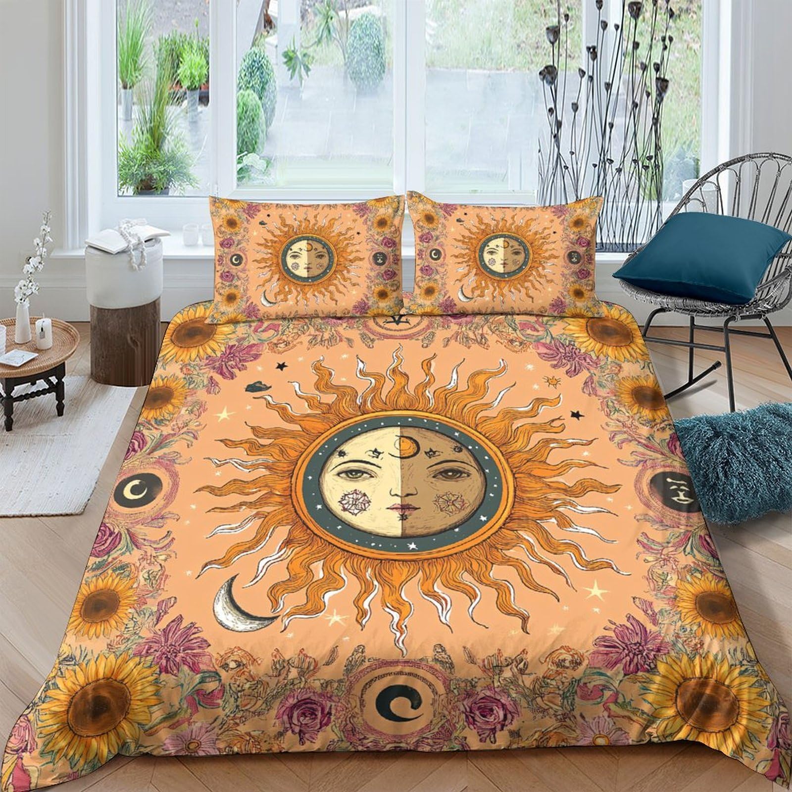 Ctjqhvkz Style-3 3D Printed Sun Moon Fitted Sheet Microfiber Soft Orange Mandala Mattress Cover For Bedroom Dorm Mattress Decor Single（135X200cm）