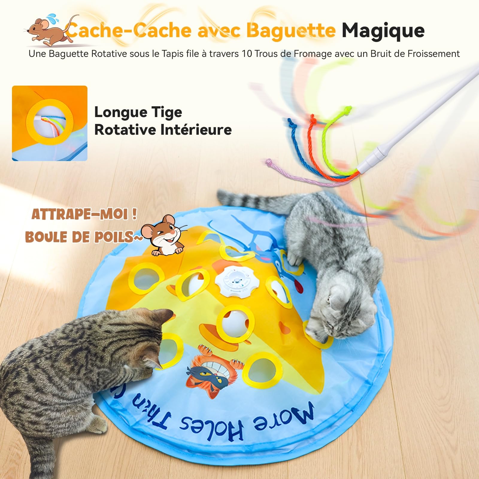 GoldenSun Jouet pour chat interactif 5 en 1 pour chats d'appartement, jeu de tapotement automatique, poisson volant, canne à pêche pour chat et plume mobile