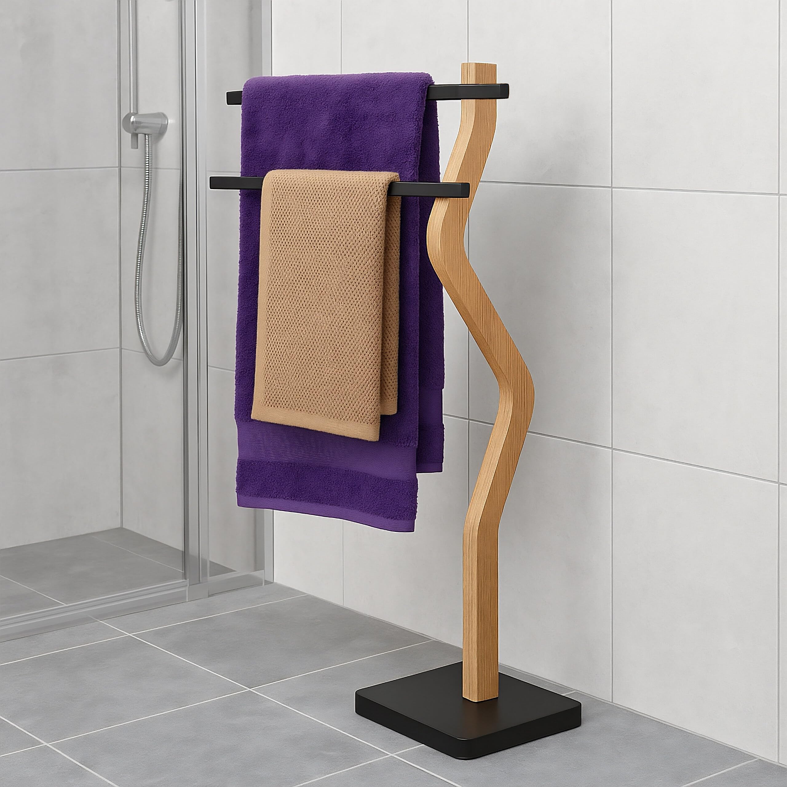 Relaxdays Porte-Serviettes, 2 Barres Horizontales, H x L x P : 86 x 37 x 18 cm, pour la Salle de Bain, Noir et Nature