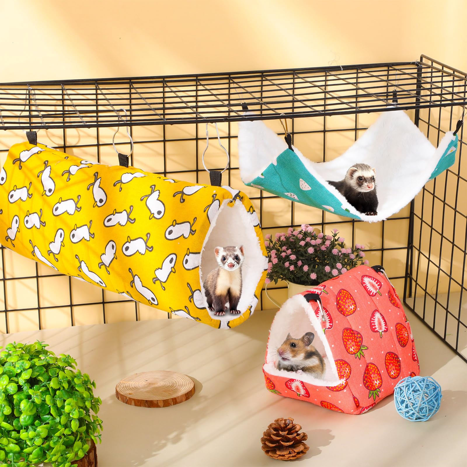 Abbylike 9 piezas de hamaca colgante para rata, conejillo de indias, accesorios de jaula de hurón para mascotas pequeñas, túnel, cueva, litera colgante, hamster, accesorios de juguete para hurón