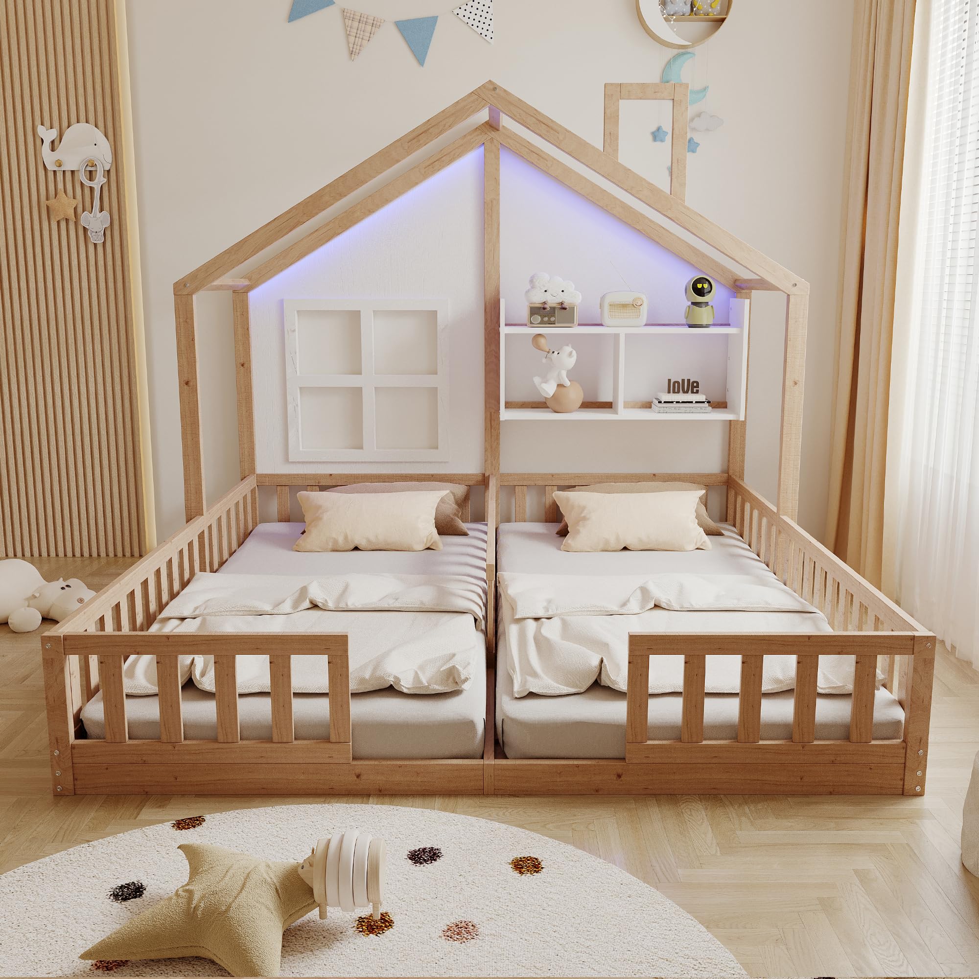 Kinderbett Bodenbett 180x200,Hausbett mit Rausfallschutz&Lattenrost,Montessori Bett mit Ablageflächen&LED-Beleuchtung,Freistehendes Doppelbett Gitterbett Bettgestell Spielbett,Ohne Matratze,Holzfarbe