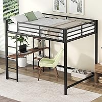 Vista 3 de SOFTSEA Marco de cama tipo loft de metal completo con escritorio, marco de cama alta de metal con escritorio y estantes, marco de cama industrial