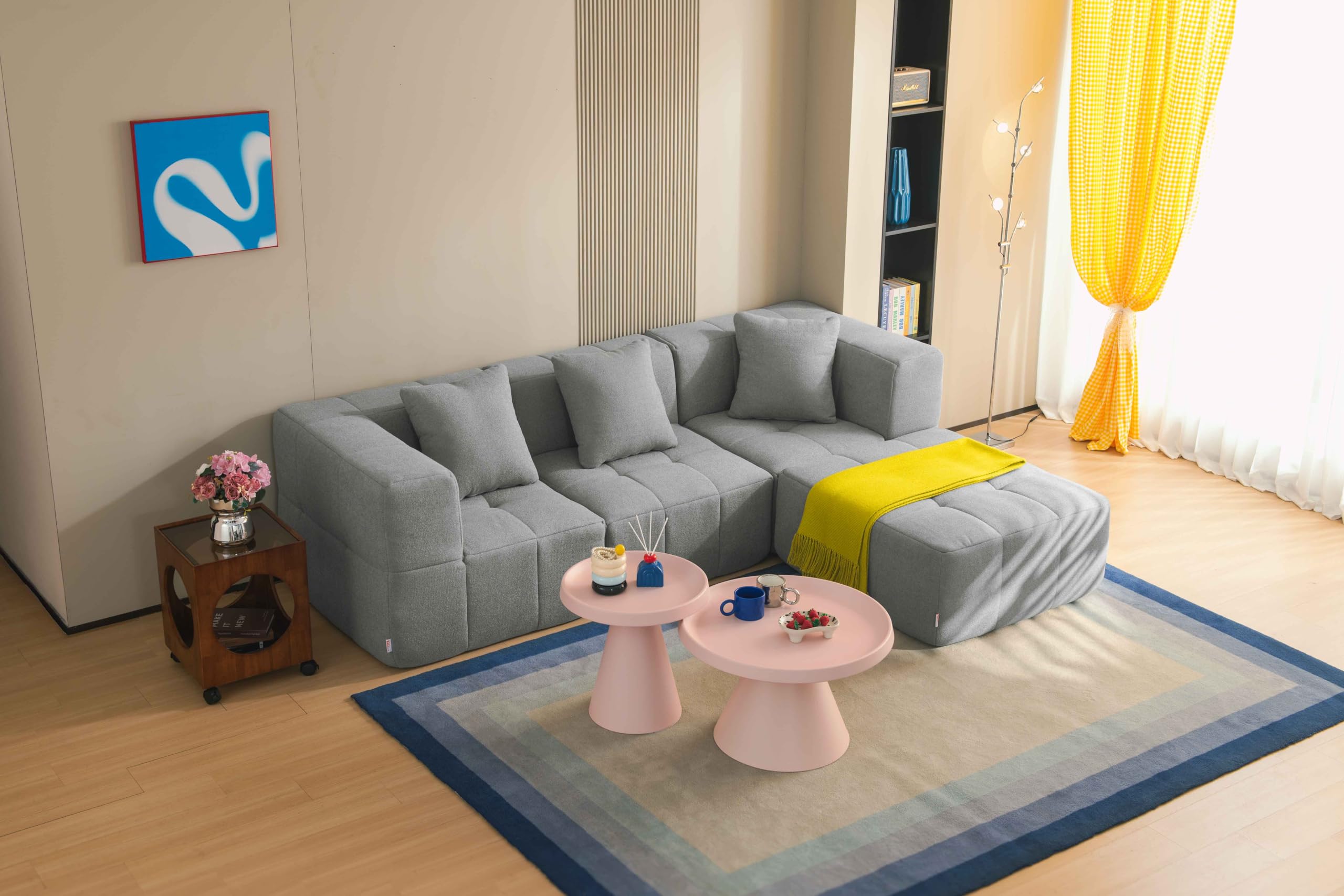 Sofá Modular 3 plazas con Chaise Longue, Tejido bouclé, Fundas de cojín desenfundables (Gris Nube, 3 plazas con Chaise Longue)
